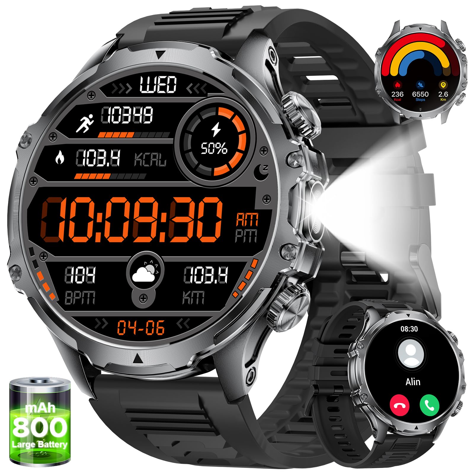 Military Smart Watch for Men,1.85  HD/800mAh Battery Smart Watches with LED Flashlight for Android iOS (Bluetooth Call Answer/Ca