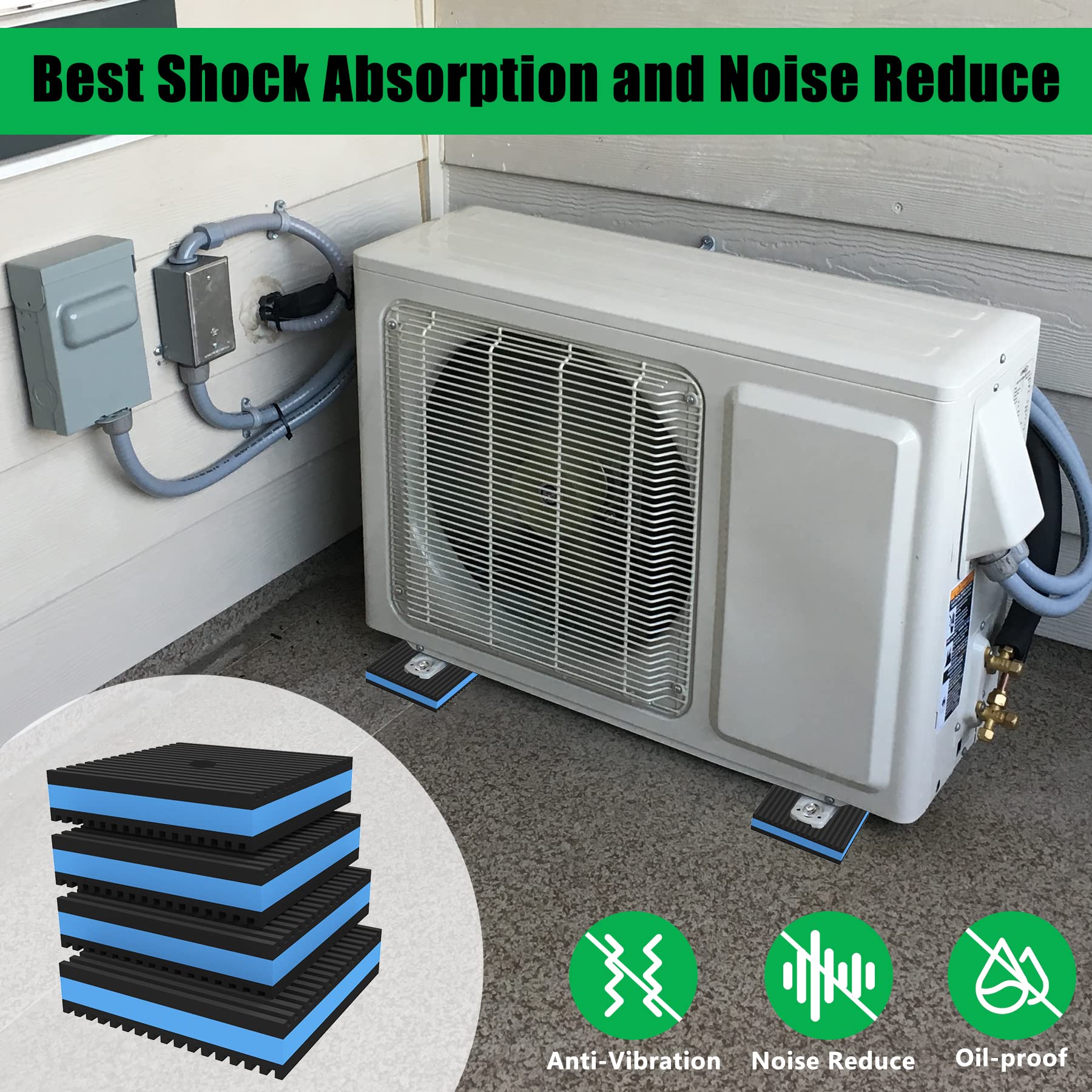 Forestchill Anti Vibration Pads, 4''    4''    7/8'' Heavy Duty Ribbed Rubber Anti Vibration Isolation Pads With Eva Center Laye