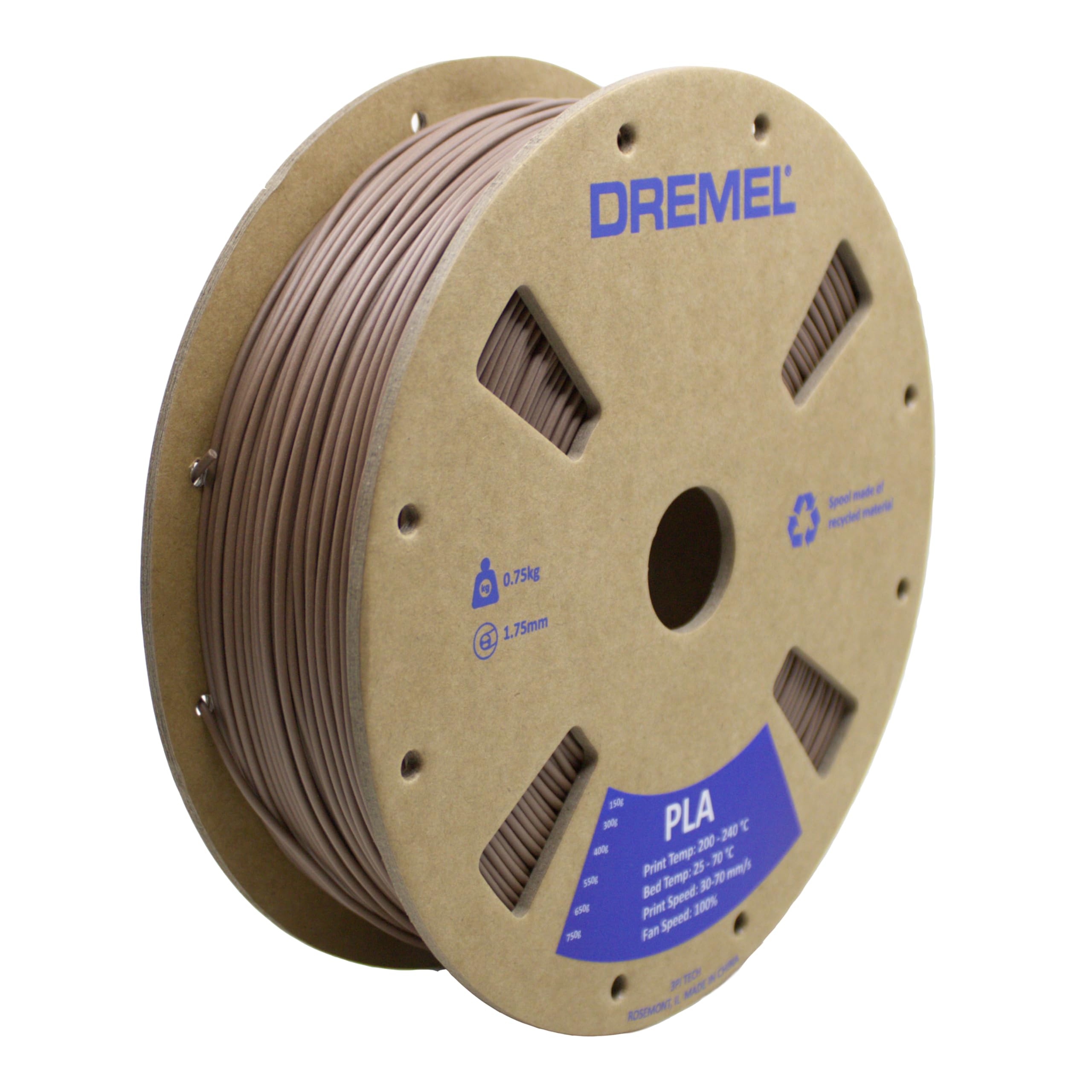 Dremel PLA-BRO-01 3D Printer Brown Filament - Matte Finish, 1.75 mm Dia., 0.75 kg Spool Weight, RFID Enabled, New Cardboard Spoo