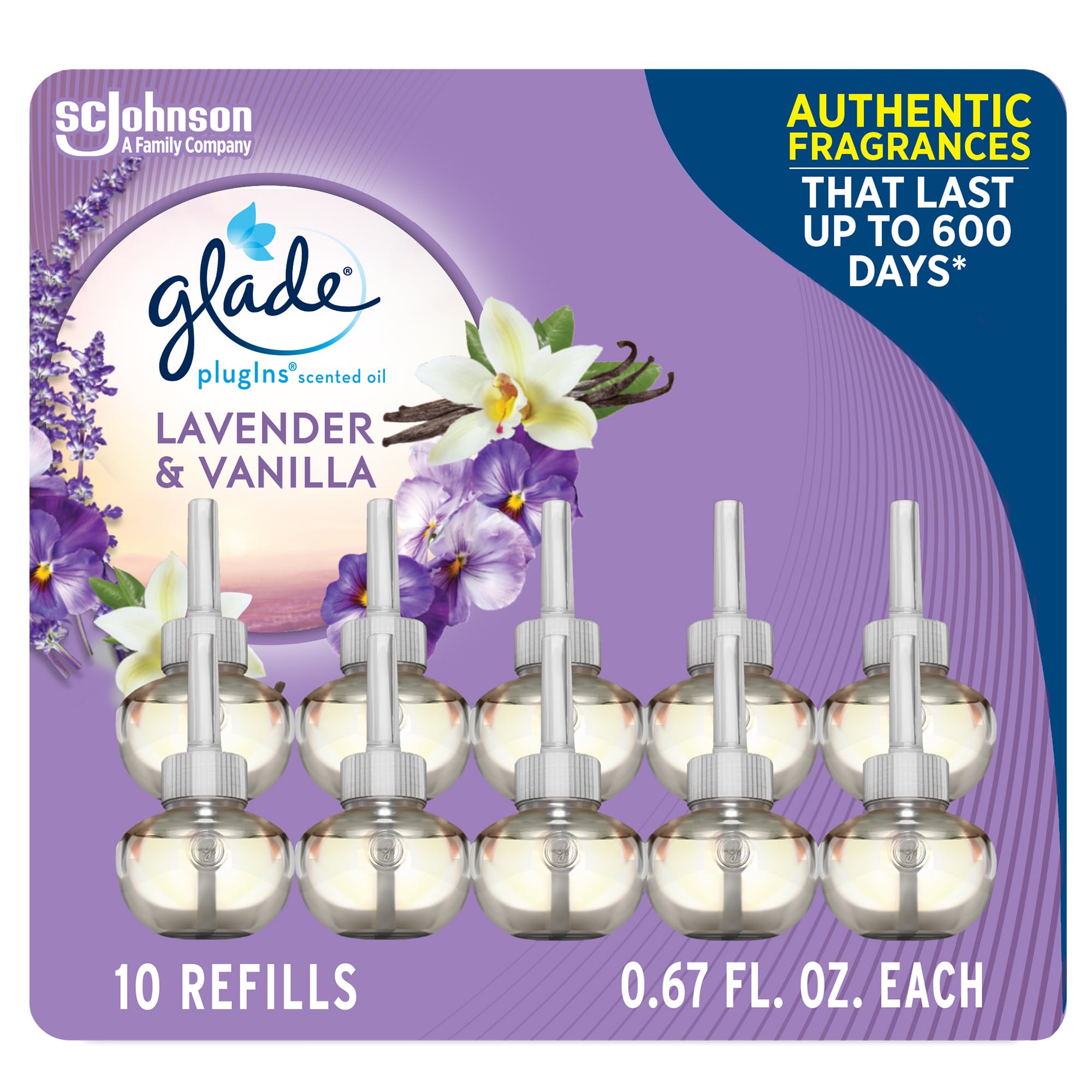 Glade Plugins Refills Air Freshener, Scented And Essential Oils For Home And Bathroom, Lavender & Vanilla, 6.7 Fl Oz, 10 Count (