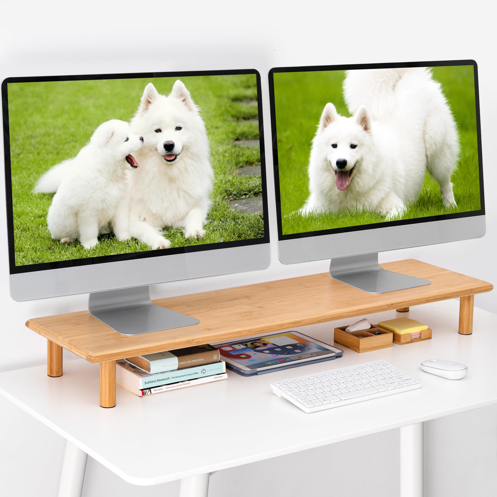 Rocdeer Bamboo Dual Monitor Shelf For 2 Monitors, Monitor Stand Riser, Underneath Storage For Desk Office Supplies, And Supports