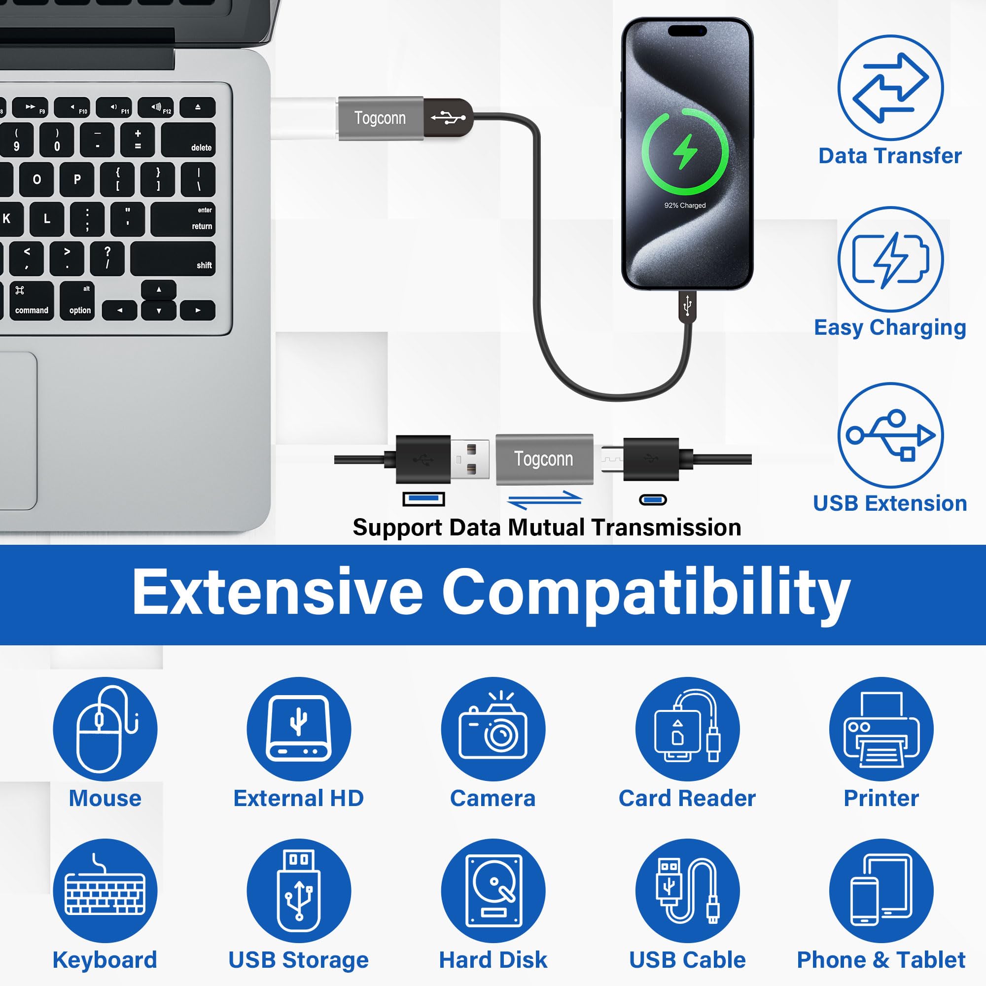 Togconn Usb C To Usb 3.0 Adapter (2 Pack),Usb Type C (Female) To Usb A (Female) Coupler Convert,Bi Directional High Speed Usb Ex