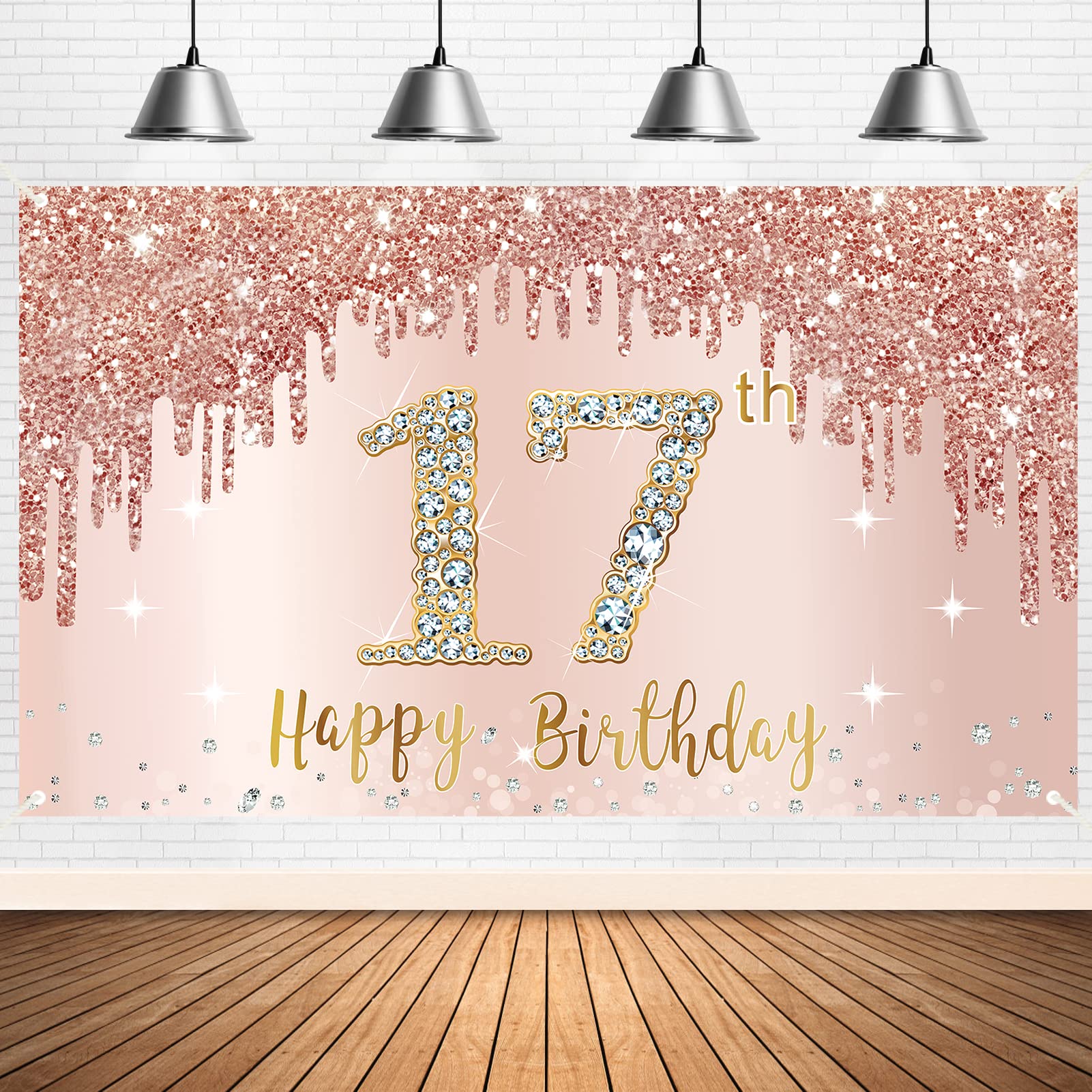 Happy 17Th Birthday Banner Backdrop Decorations For Girls, Rose Gold 17 Birthday Party Sign Supplies, Pink Seventeen Birthday Po