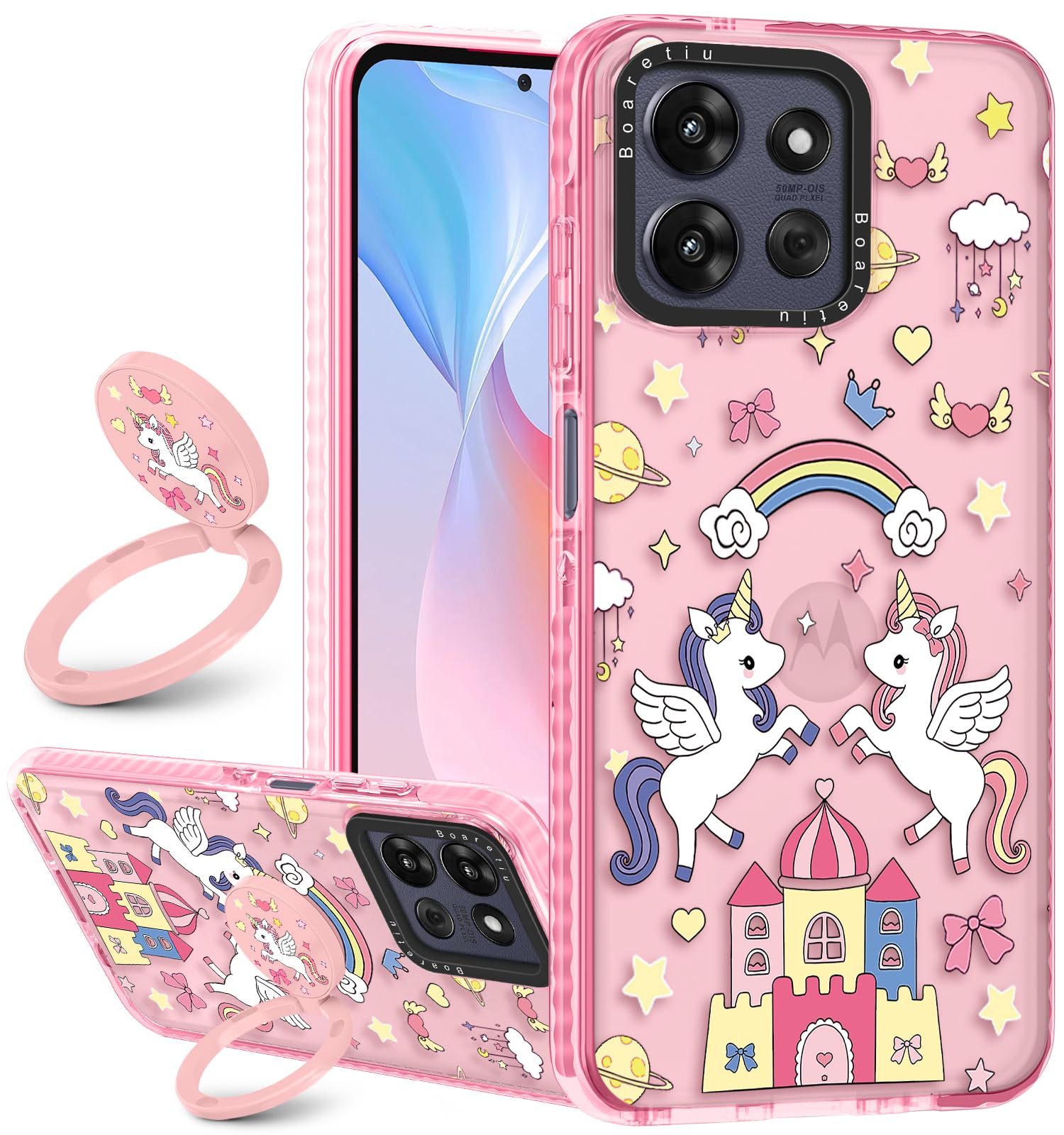 Boaretiu for Motorola Moto G Power/Play 2025 Case - with Stand Cute Kawaii Fashion 360 Rotate Ring Holder Kickstand Sun Moon for