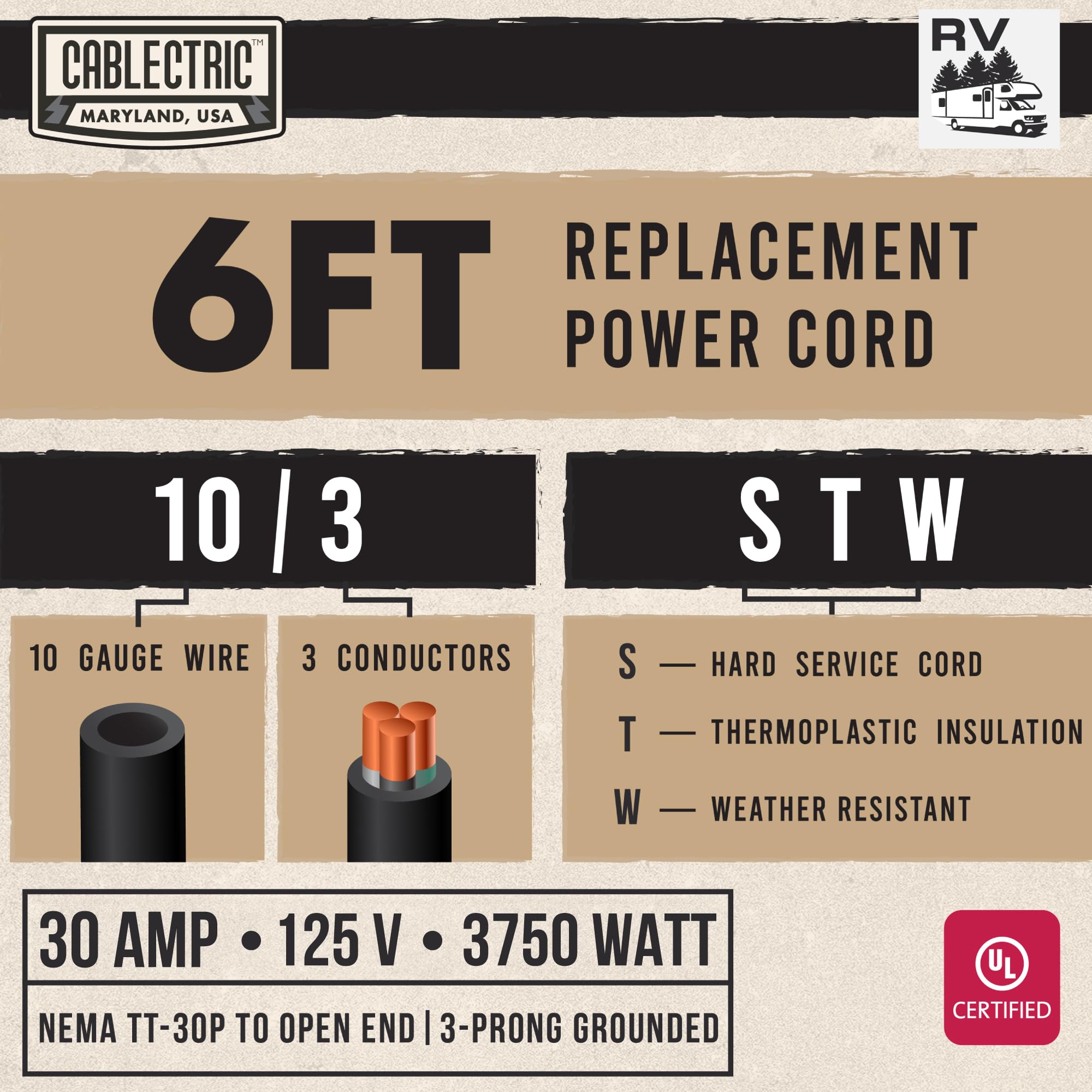 Cablectric 30 Amp Rv Replacement Power Cord - 6Ft 10 Gauge Ev Extension Cable Nema Tt-30P To Open End 3 Wire - Heavy Duty 30 Amp