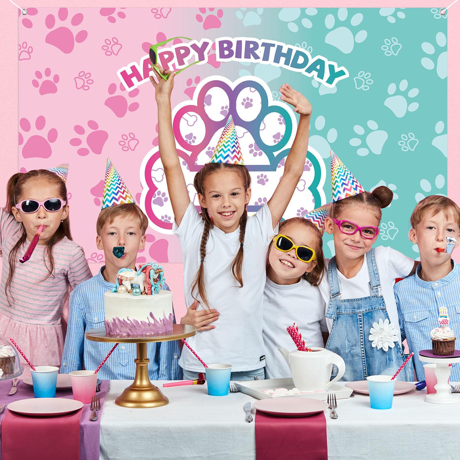 Newwiee 6 X 3.6 Ft Dog Paw Theme Birthday Backdrop Banner Birthday Fabric Photography Backdrop Party Decorations For Girls And B