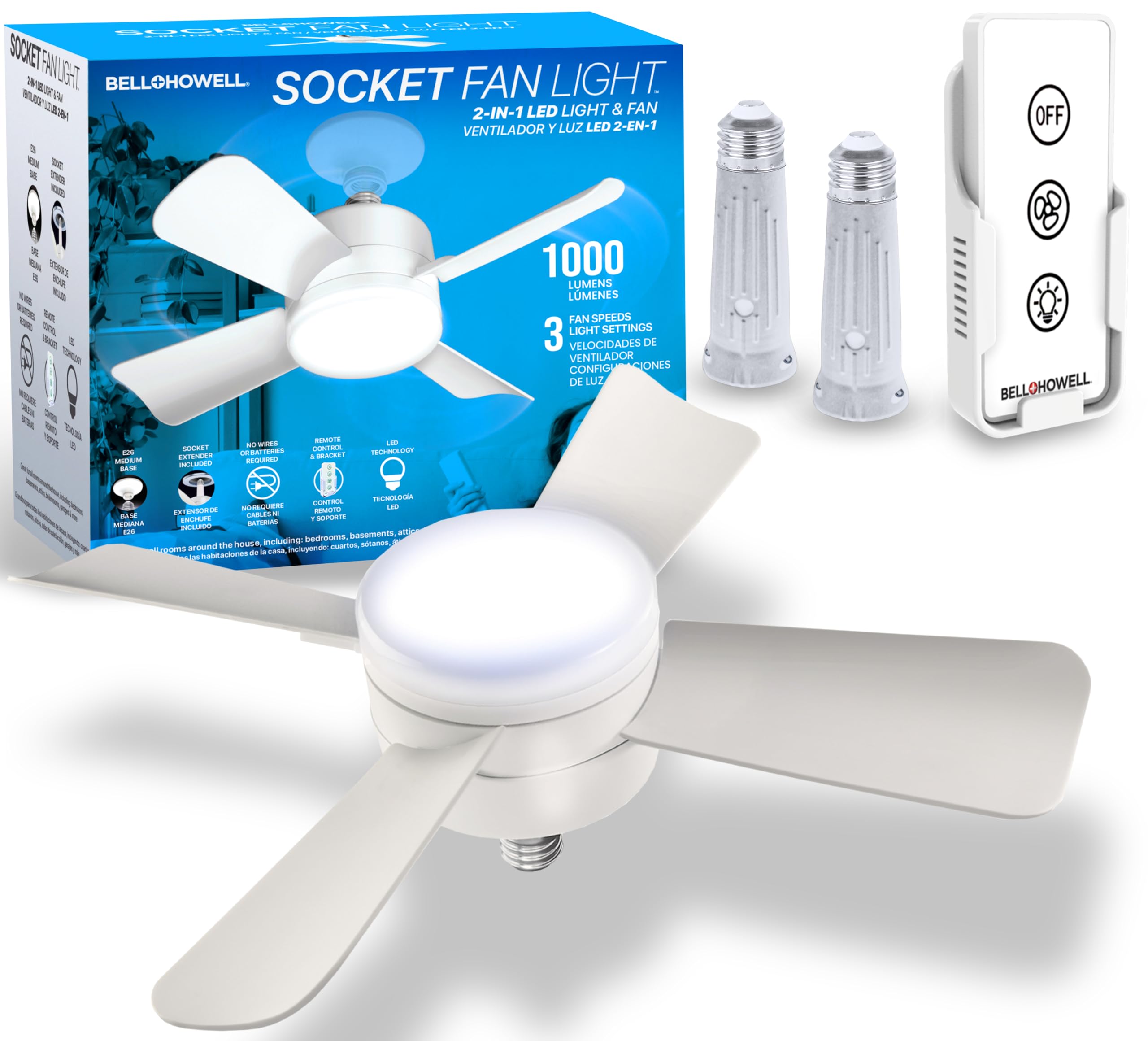 Bell+Howell Socket Breeze Cool Light Deluxe with 2 Socket Extenders - Ceiling Fan with LED Lights and Remote Control, Replacemen