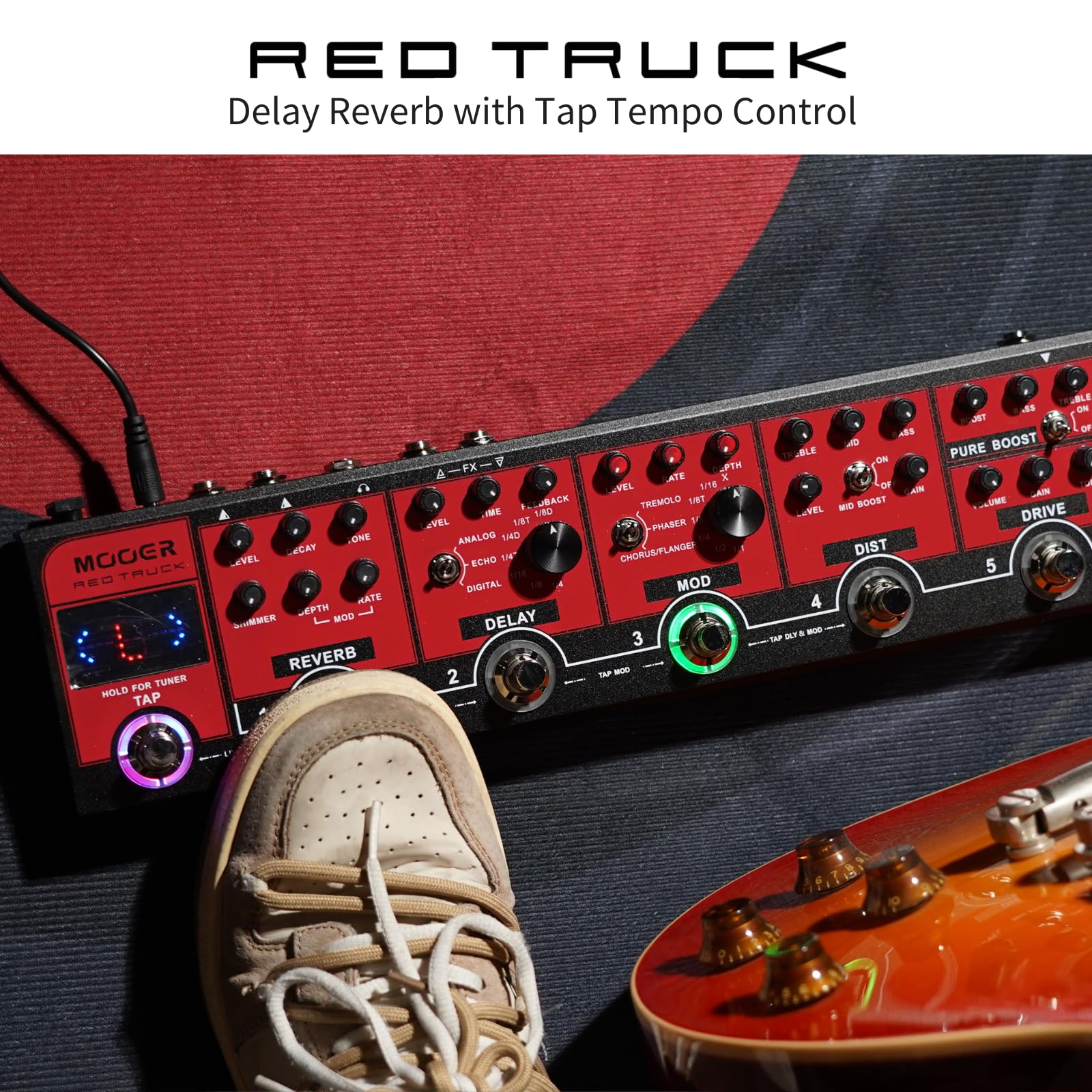 Mooer Red Truck Combined Multi Effects, Analogue Boost, Overdrive And Distortion Warm Tones, Multi Modulation, Stereo Reverb And Delay Ambience Effects With Tap Tempo Synchronization