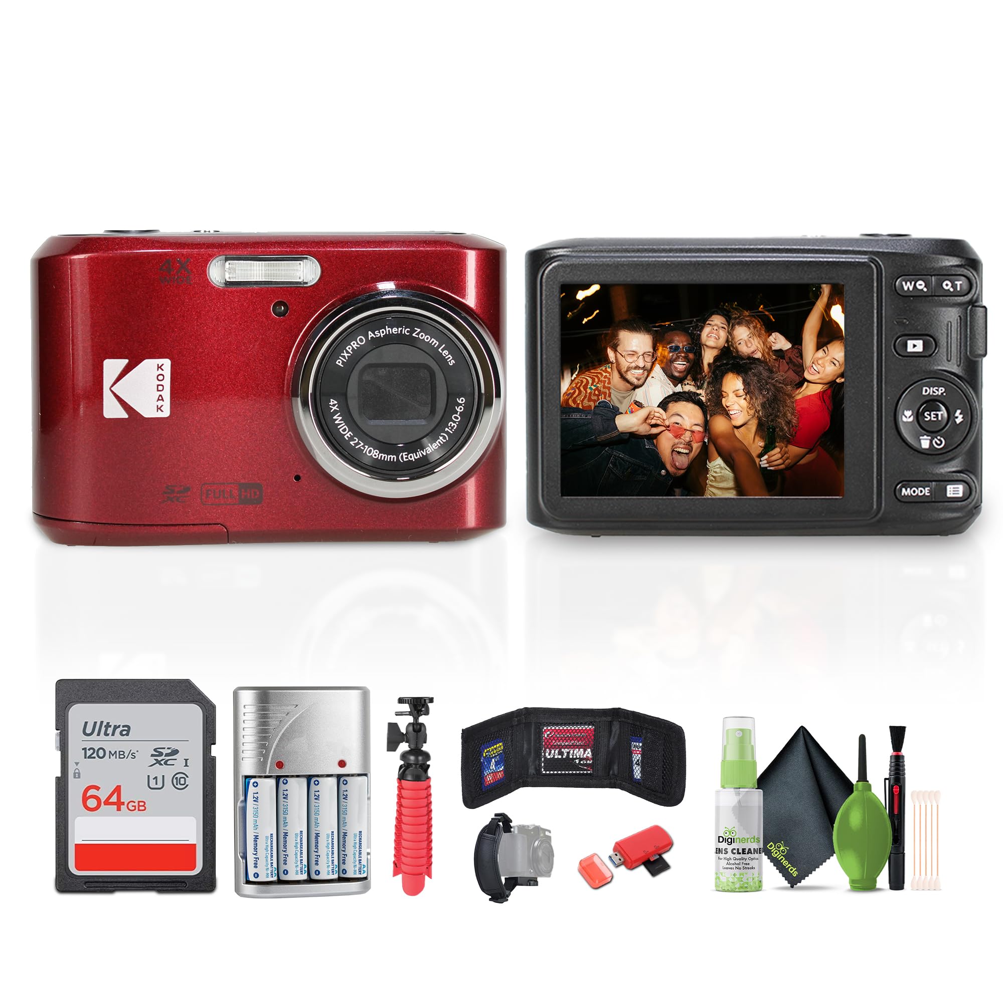Kodak Pixpro FZ45 Digital Camera (Red) Bundle Including: 64 GB Memory Card, Rechargeable Batteries, Flexible Tripod, Card Reader