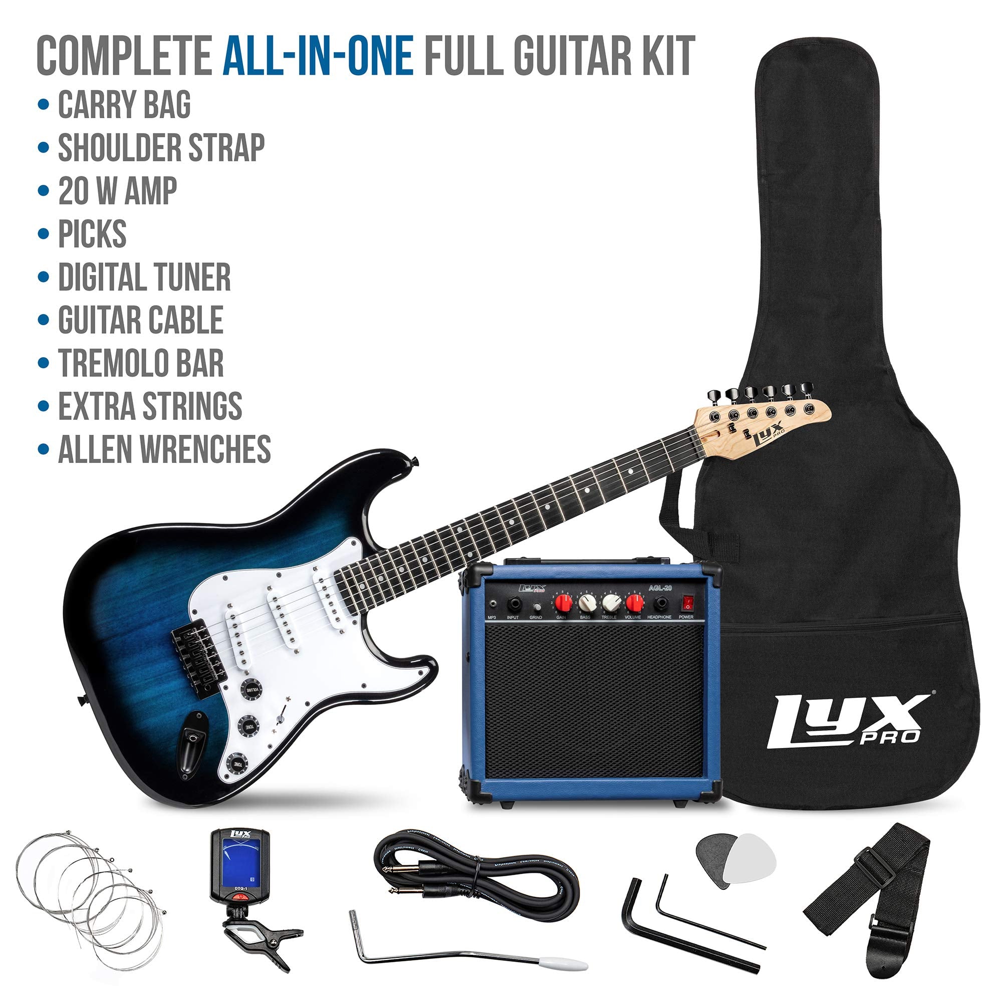 Lyxpro 39 Inch Electric Guitar Kit Bundle With 20W Amplifier, All Accessories, Digital Clip On Tuner, Six Strings, Two Picks, Tremolo Bar, Shoulder Strap, Case Bag Starter Kit Full Size   Blue
