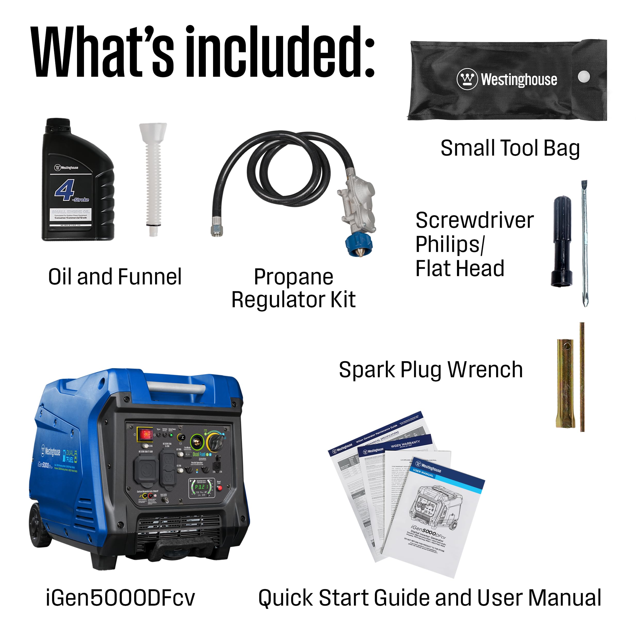 Westinghouse Outdoor Power Equipment 5000 Peak Watt Super Quiet Dual Fuel Portable Inverter Generator, Wheel & Handle Kit, Gas &
