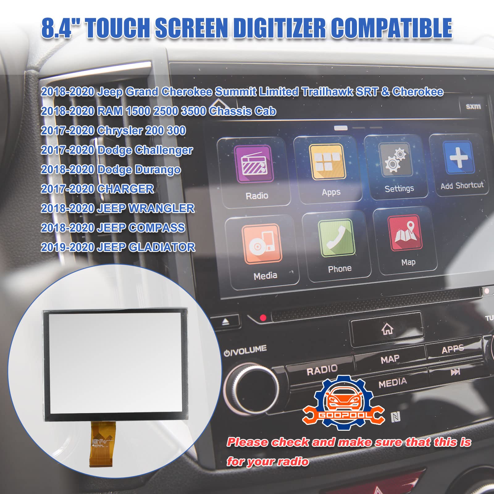 8.4'' Uconnect Touch Screen Digitizer Replacement For Radio Navigation Fit For 2017 2021 Ram 1500 2500 3500/Jeep Grand Cherokee
