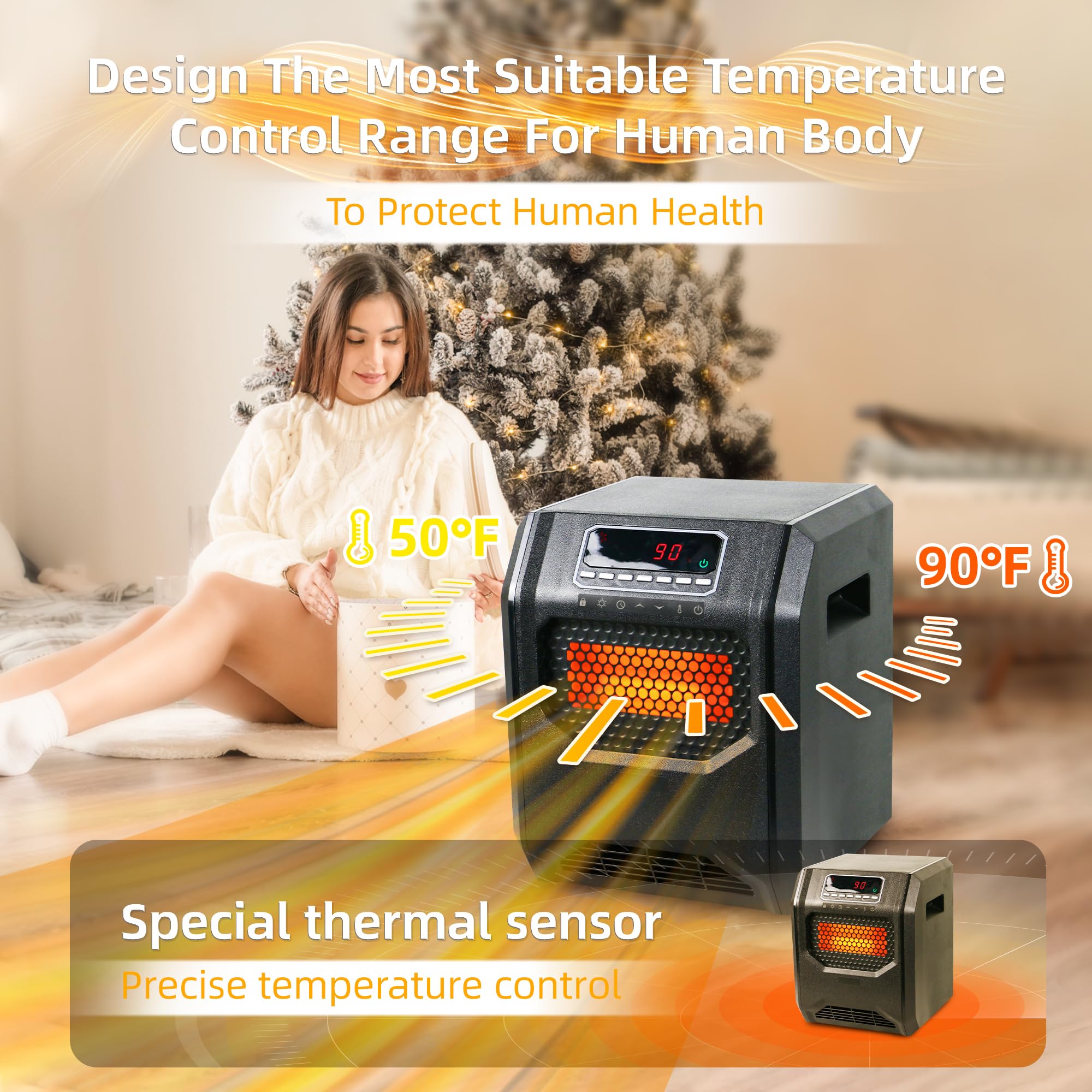 Comfort Portable Quart Infrared Heater For Indoor Use Realsmart 1500 W 3 Heating Mode Lcd Display Remote Control Overheat Tip Ov