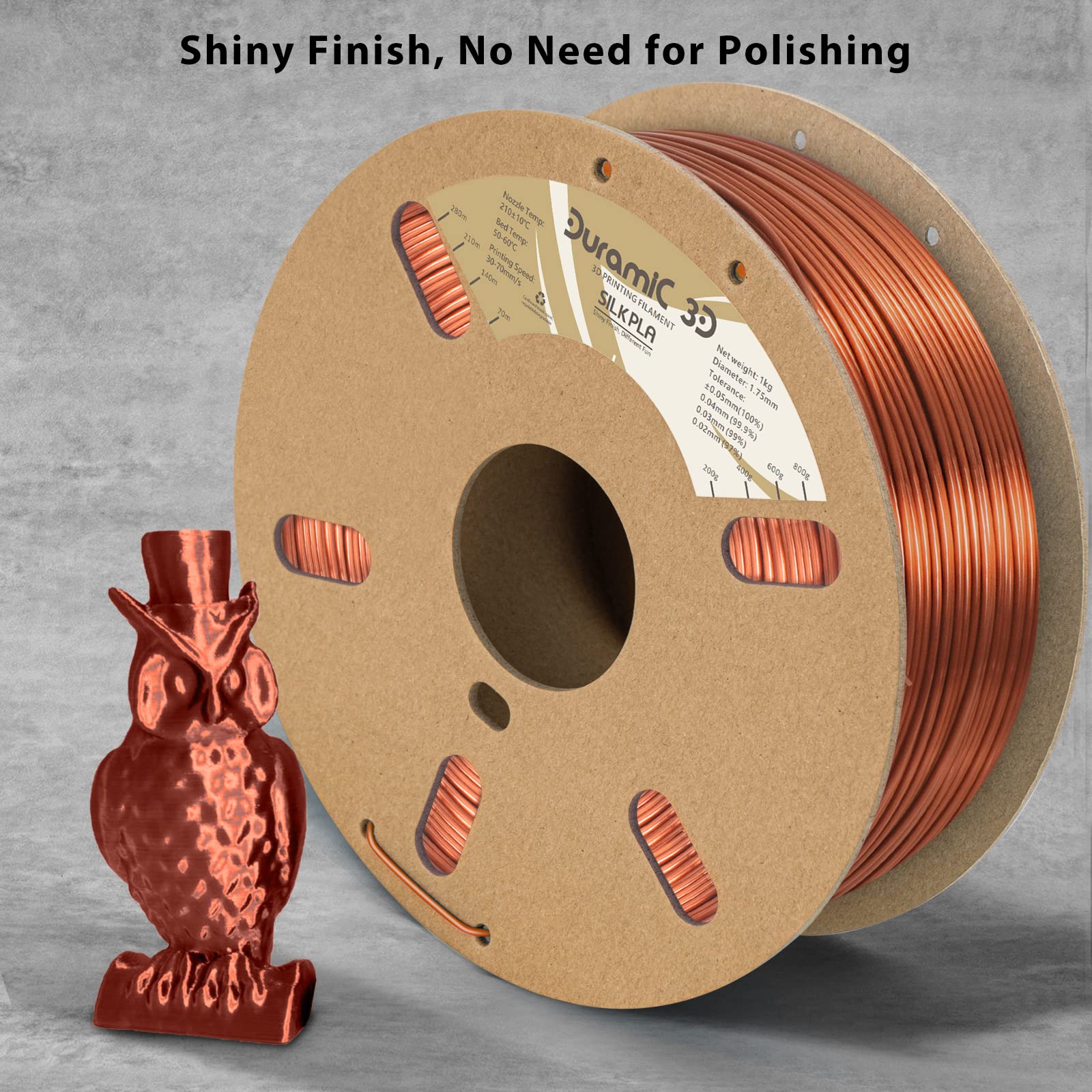 Duramic 3D Shiny Silk Pla Filament 1.75Mm Shiny Metallic Pla Filament Dimensional Accuracy +/- 0.05 Mm Copper