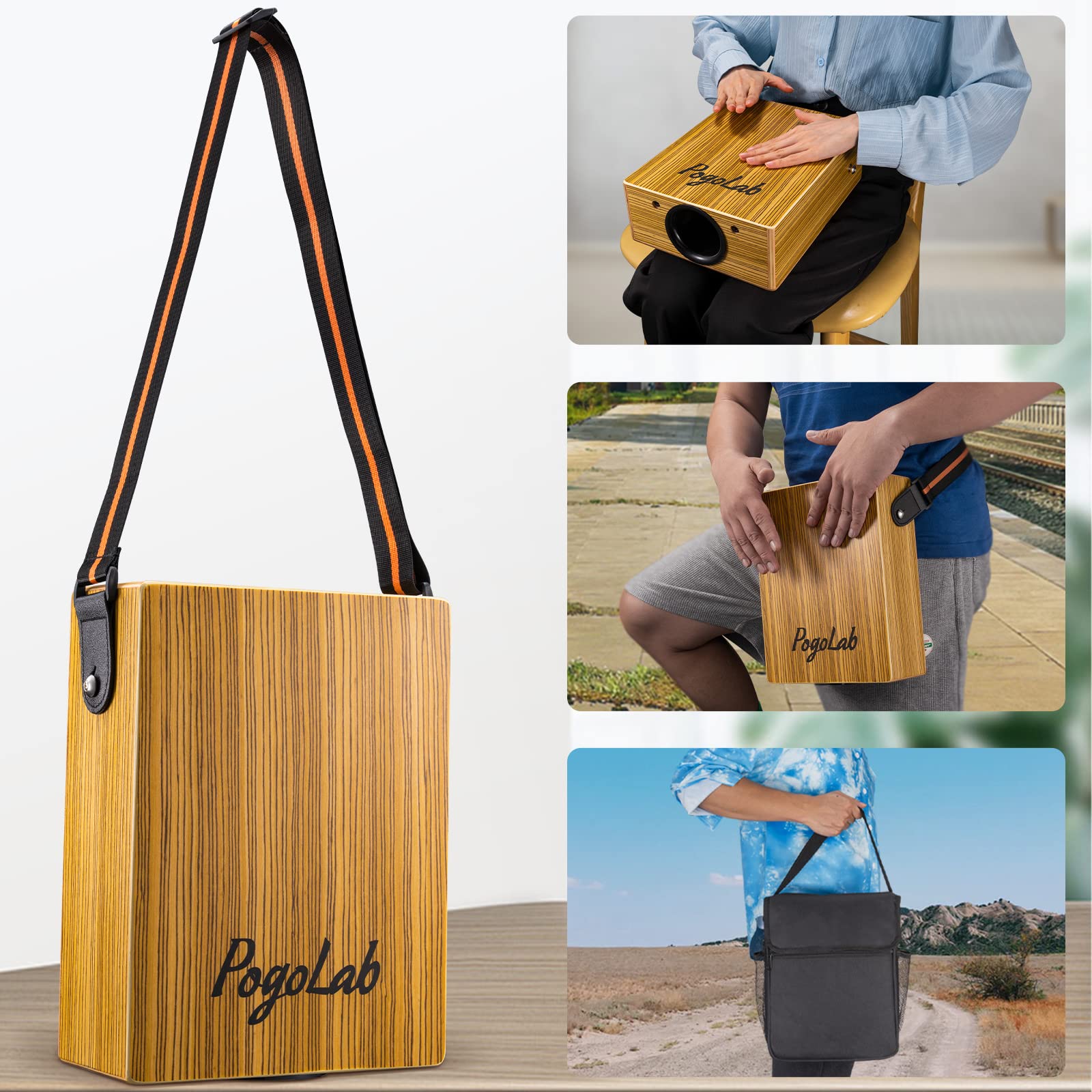 Pogolab Travel Cajon Drum, Portable Adjustable Tone Thick Wooden Cajon With Adjustable Strap & Storage Bag, Musical Hand Drum Wi