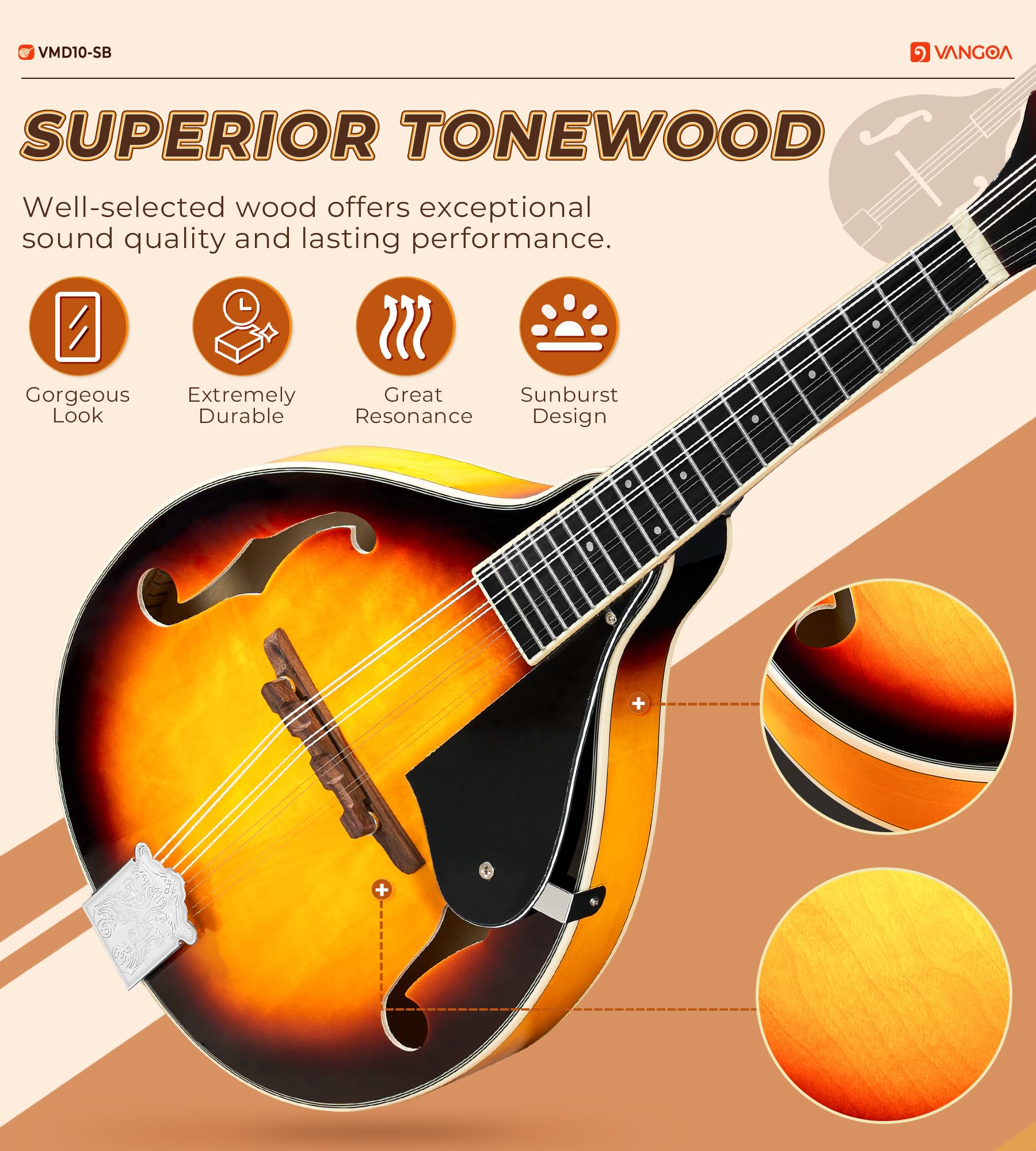 Vangoa A Style Mandolin Musical Instrument Sunburst, 8 String Acoustic Mandolin With Tuner, Strings, Bag, Picks