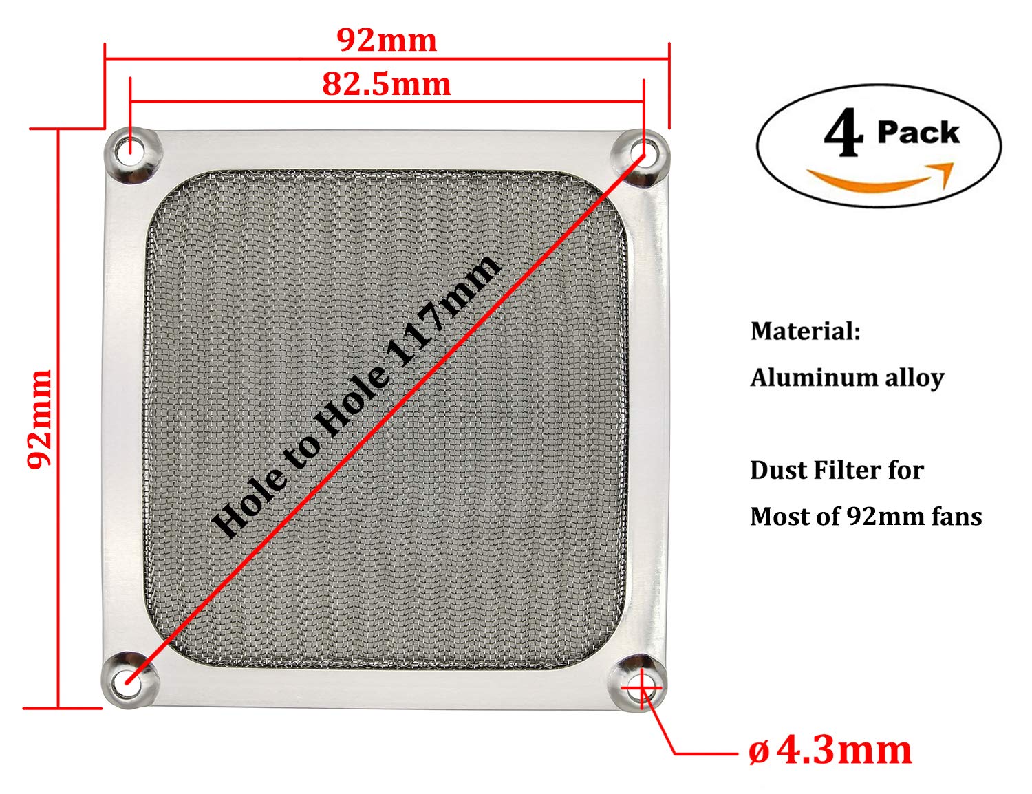 90Mm 92Mm Computer Fan Filter Grills With Screws, Aluminum Frame Ultra Fine Stainelss Steel Mesh   4 Pack (Silver)