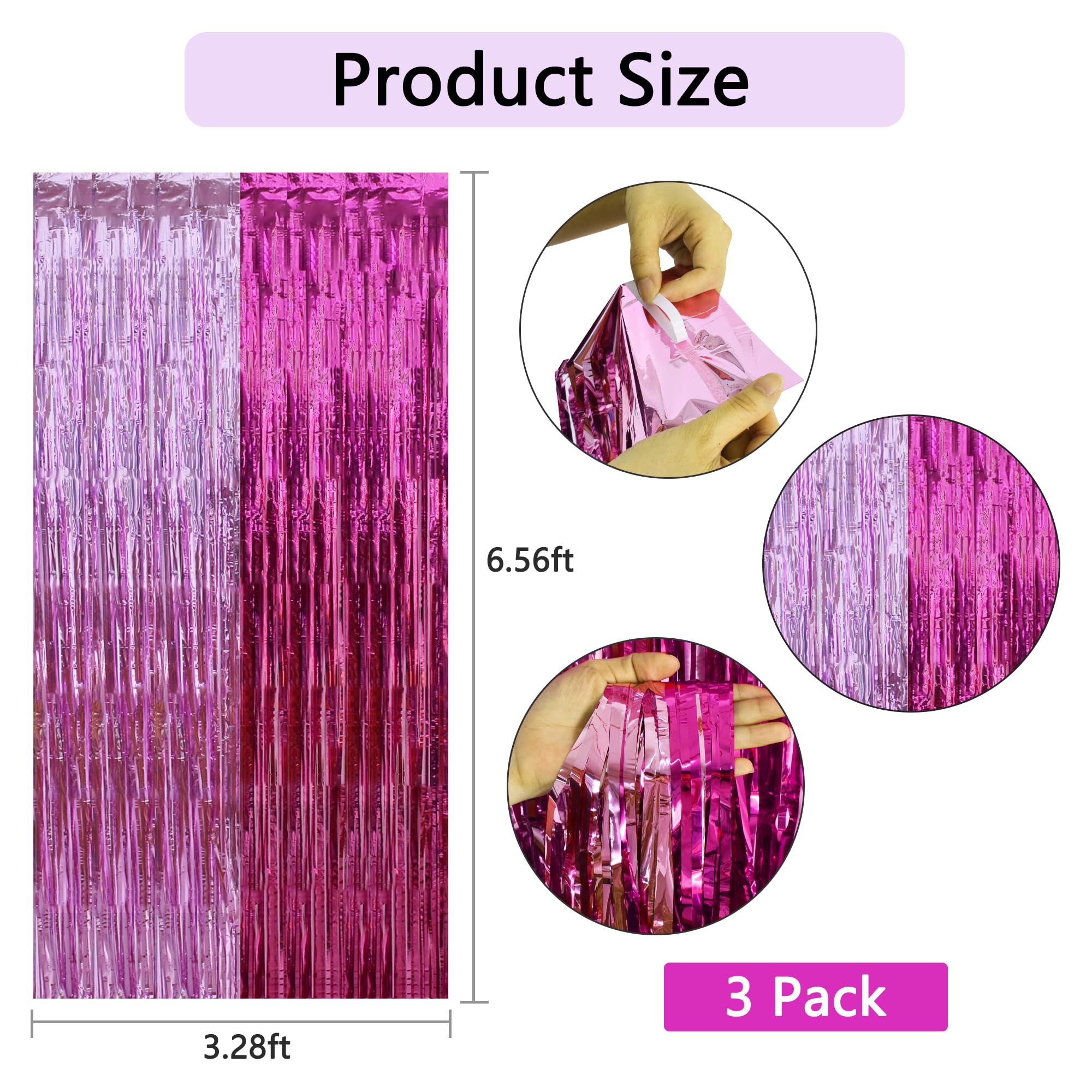 Beishida 3Pcs Hot Pink Door Streamer Colorful Hot Pink Colour Scheme Backdrop Foil Fringe Tinsel Curtains Hot Girls Mean Girls B