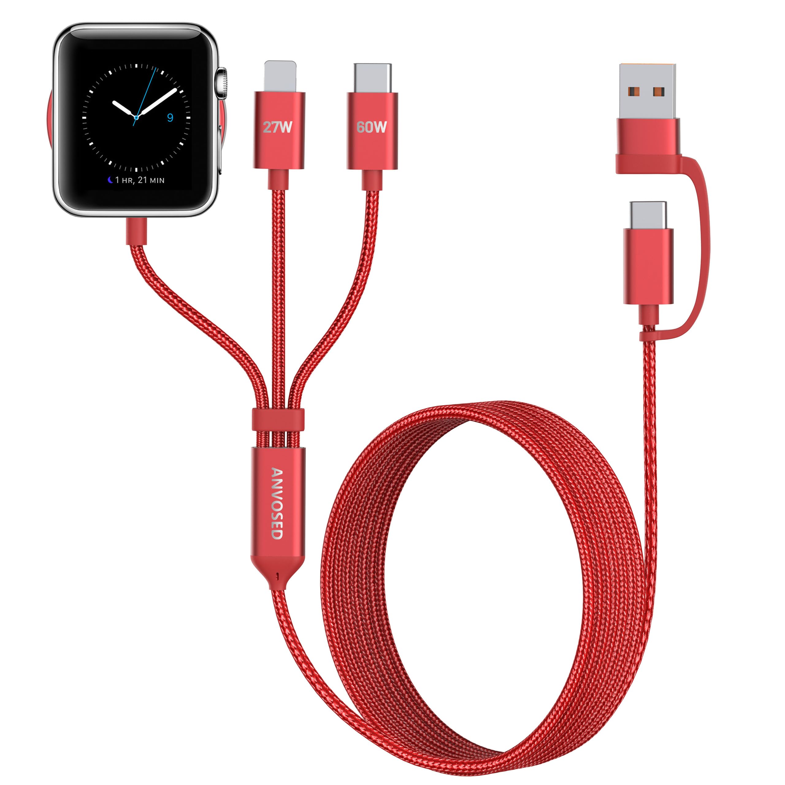 ANVOSED 60W Fast Charging Cable for Apple Watch Charger, 6-in-1 Portable Multi Charging Cable for iPhone, Apple Watch Series 1-1