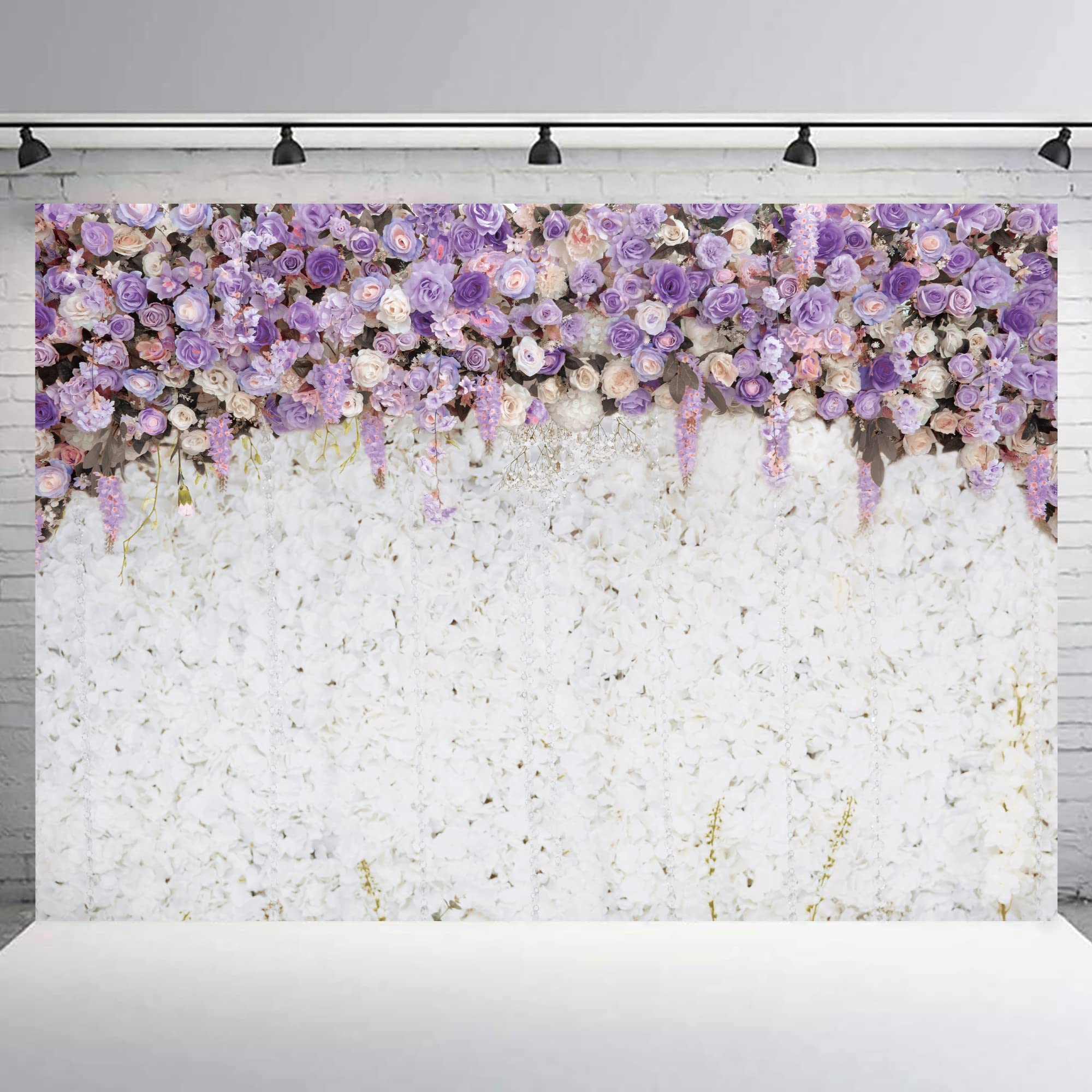 Riyidecor Lavender Bridal Shower Backdrop Polyester Fabric White Floral Light Purple Lilac Flower Wedding 7Wx5H Feet Girl Portra