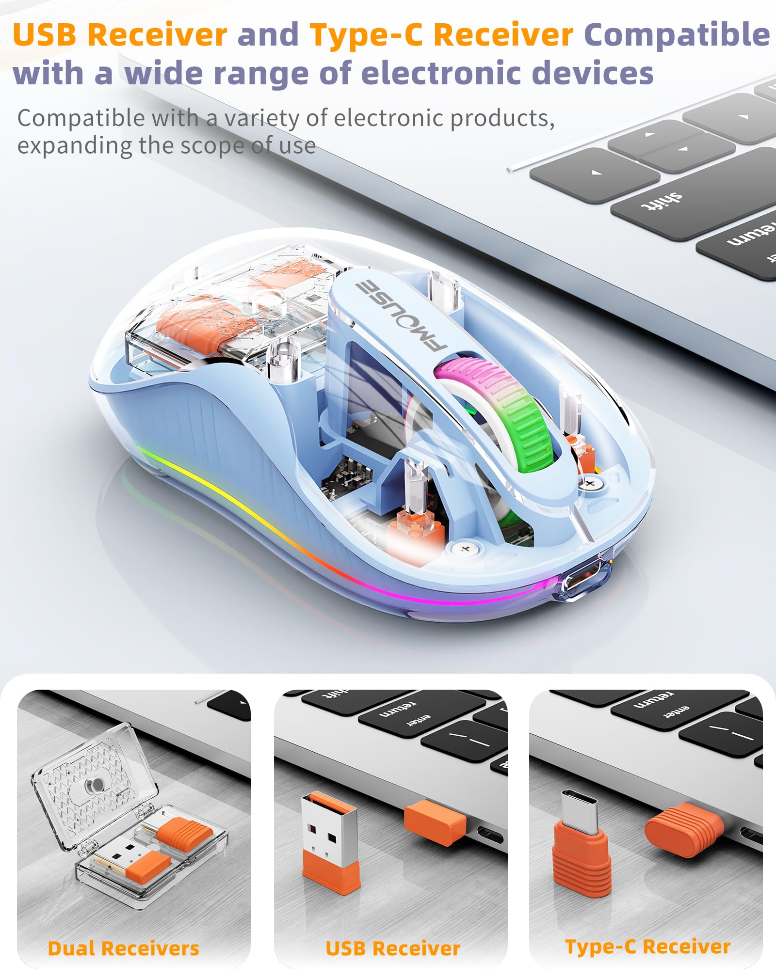 Fmouse Unique Transparent Bluetooth Mouse With Usb & Type C Two Receiver, Small Portable Wireless Rechargeable Mice For Macbook/