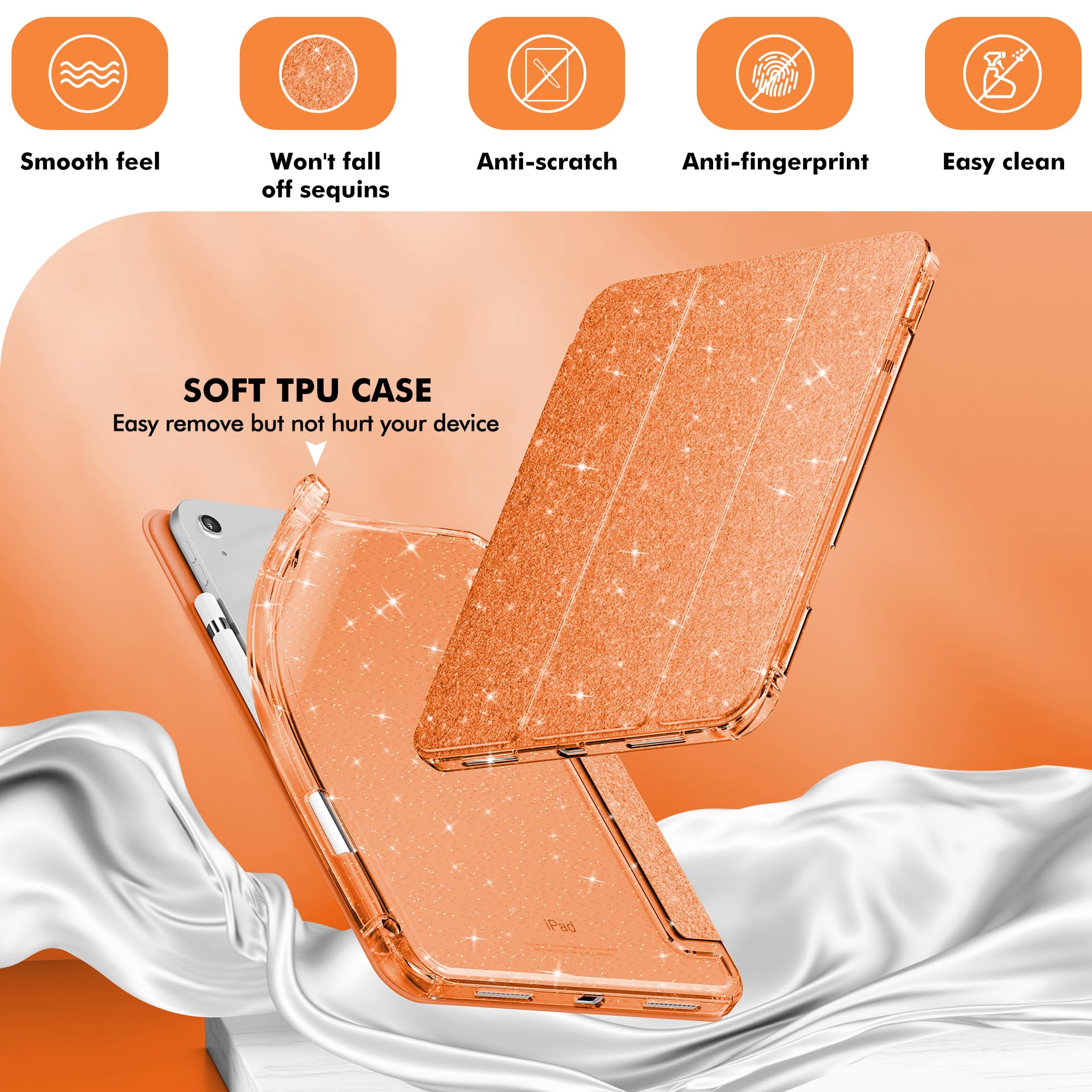Infiland Compatible With Ipad 10Th Generation Case, Ipad Case 10Th Generation 10.9 Inch, Glitter Leather Cover With Sparkly Crystal Clear Back, Pencil Holder, Anti Yellowing (Fiery Orange)