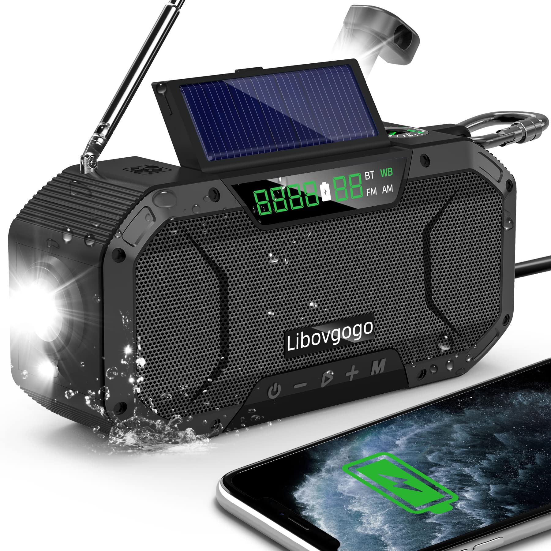 Emergency Radio Waterproof Bluetooth Speaker,Portable Digital Am Fm Radio With Flashlight,Reading Lamp,Hand Crank Noaa Weather Radio With Solar Panel,5000Mah Cell Phone Charger,Emergency Survival Kit