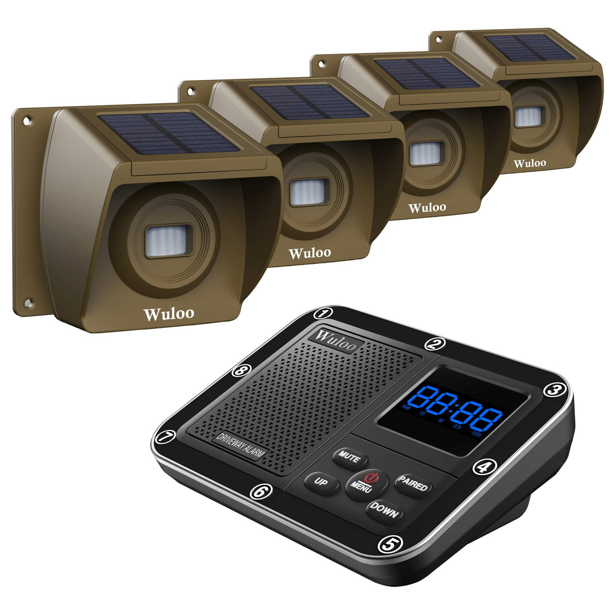 Solar Driveway Alarm Wireless Outside 1800Ft Range, Outdoor Motion Sensor & Detector Driveway Alert System With Rechargeable Battery/Weatherproof/Mute Mode(1&4 Brown)
