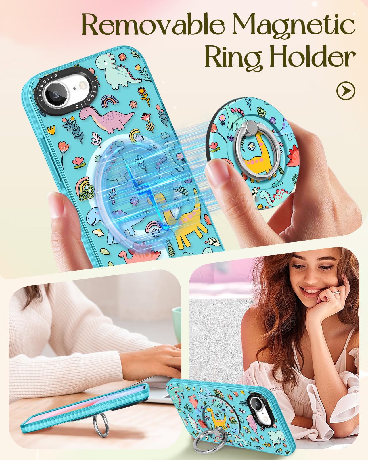 Lotadilo Cute Case For Iphone 16E For Women Girls - Funny Dinosaur Design Compatible With Magsafe Magnetic Ring Holder Kickstand