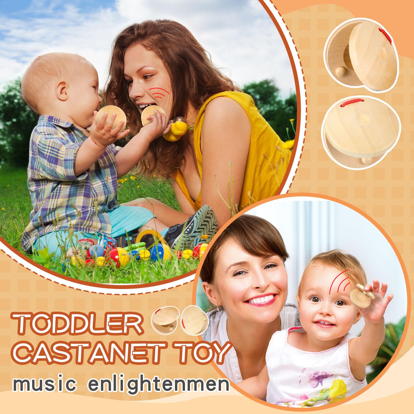 Lukmaa 48 Pcs Castanets Wooden Musical Instrument Wood Baby Hand Finger Castanets Rhythm Clap Board Educational Percussion Creat