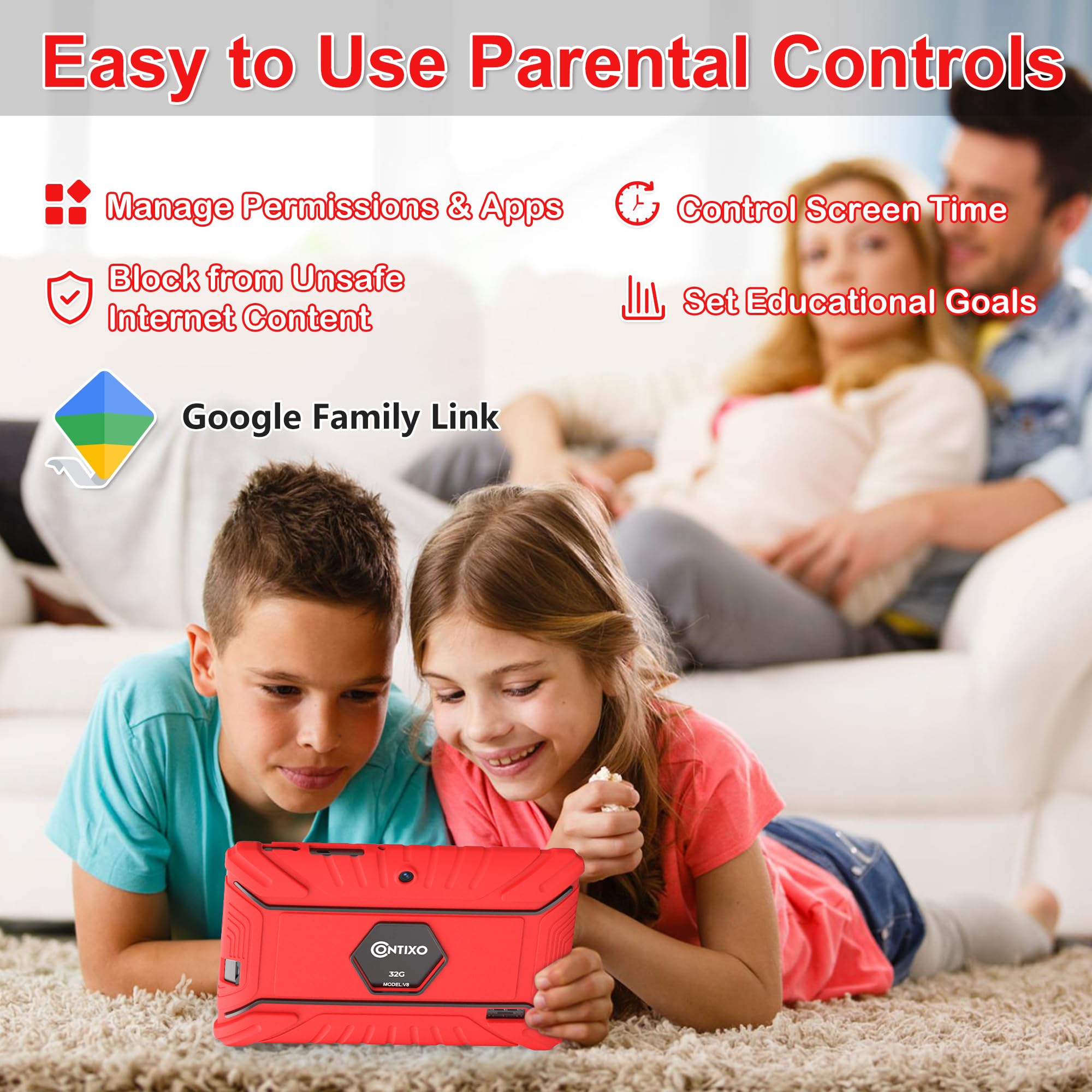 Contixo Kids Tablet V8 7 Inch Hd, Ages 3 7, Toddler Tablet With Camera, Parental Control   Android 11, 32Gb, Wifi, Learning Tablet For Kids, Red