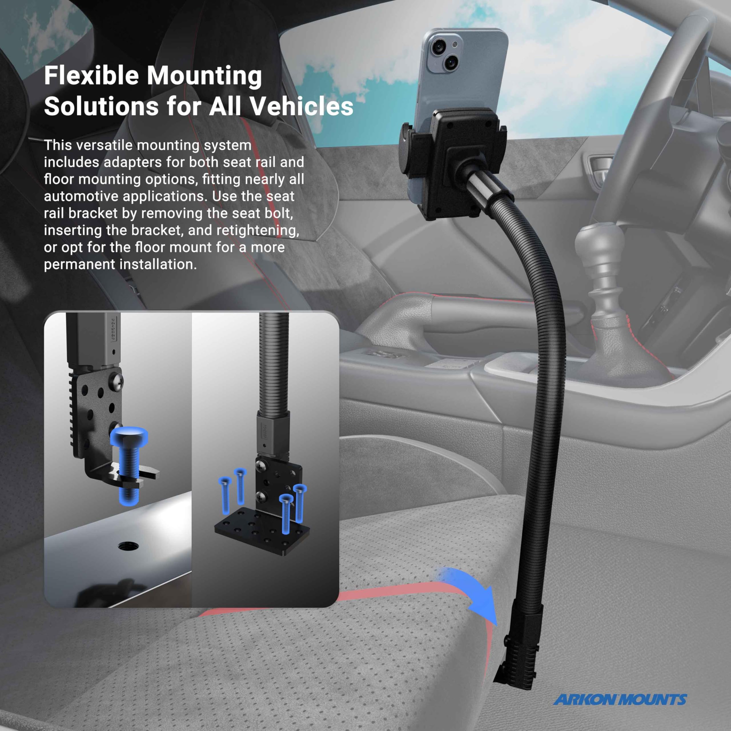 Arkon Mounts - Phone Holder With Car Seat Rail Mount | Car Phone Stand With Flexible 22'' Arm | Professional-Grade Durability |