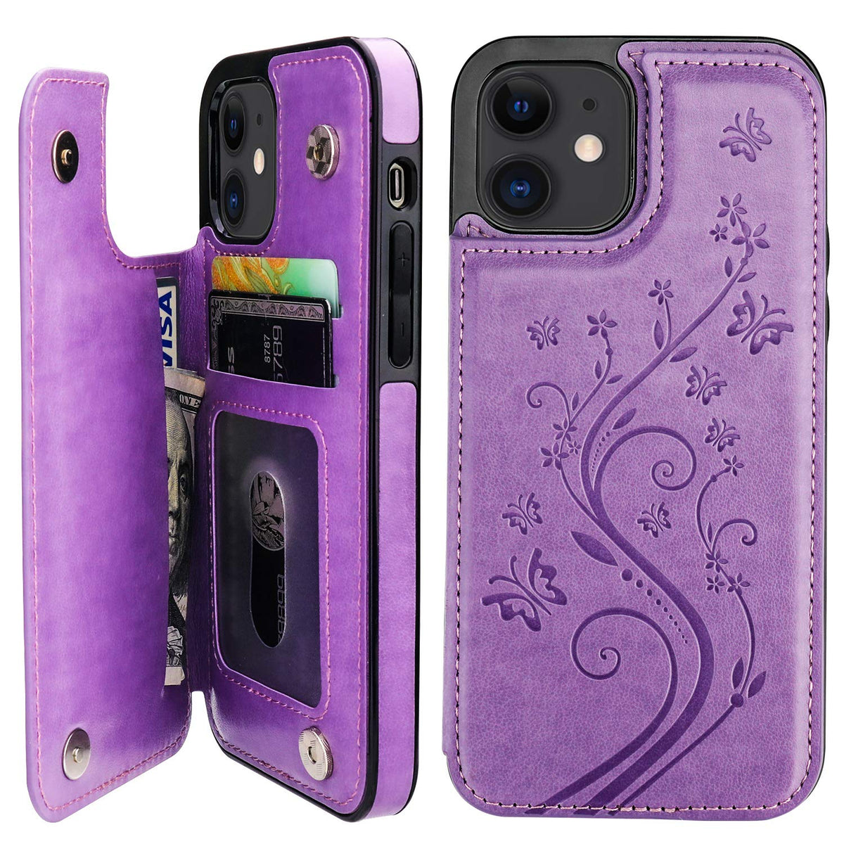 Vaburs Compatible With Iphone 12 And Iphone 12 Pro Case Wallet With Card Holder,Embossed Butterfly Pattern Pu Leather Double Mag