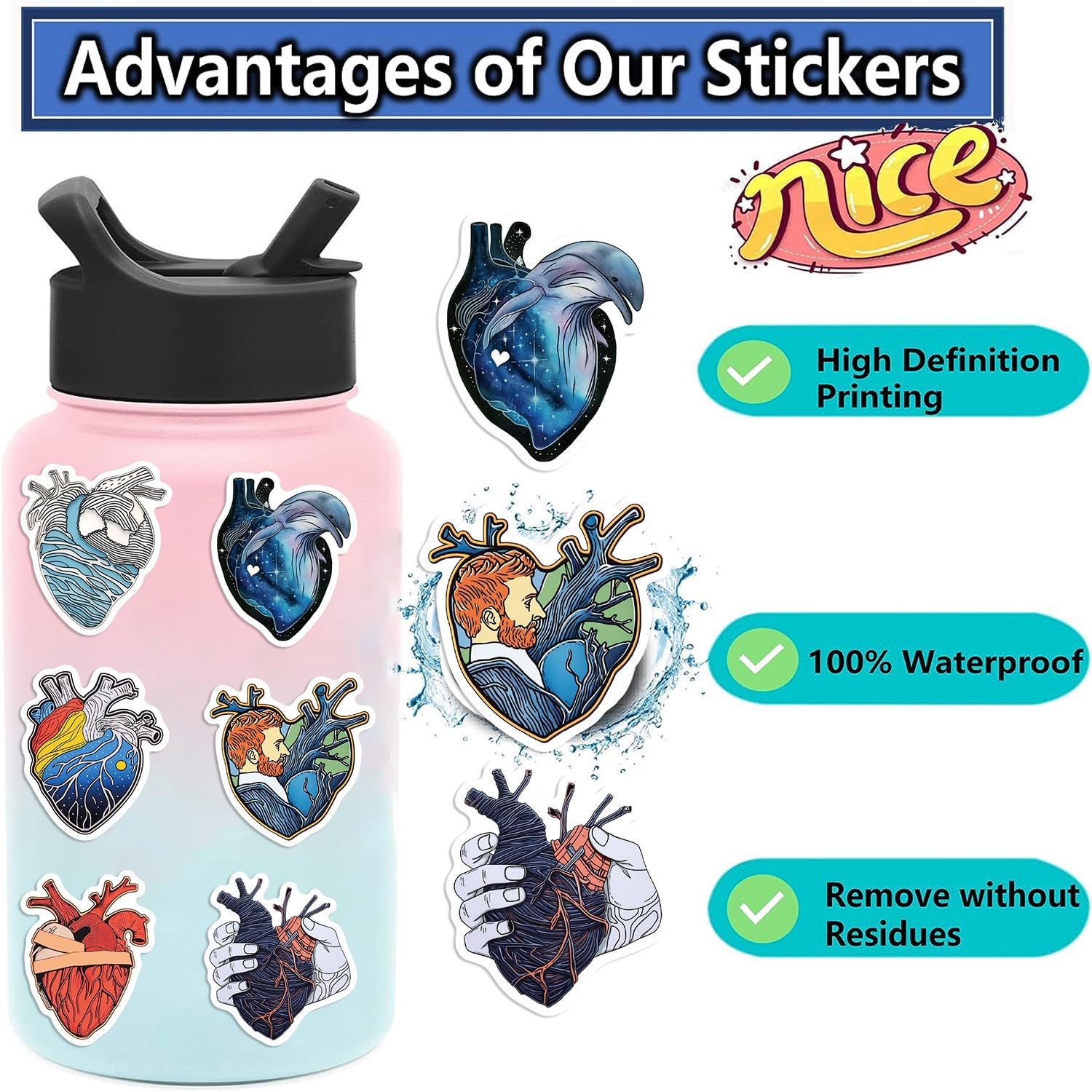 Yoksas 52Pcs Anatomical Heart Artistic Stickers   Waterproof Vinyl Human Organs Anatomy Aesthetic Heart Stickers For Water Bottl