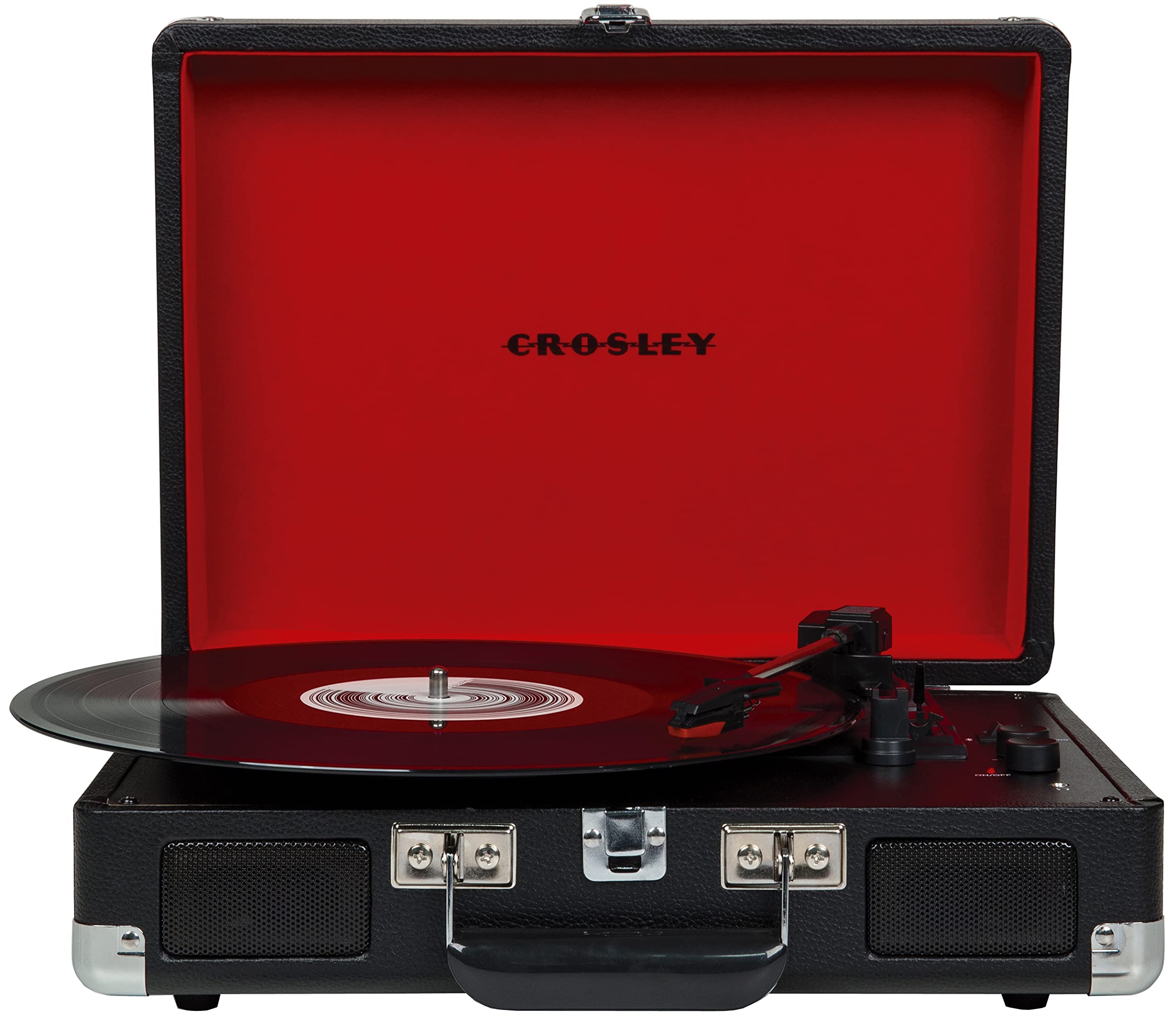 Crosley Cr8005F Bk Cruiser Plus Vintage 3 Speed Bluetooth In/Out Suitcase Vinyl Record Player Turntable, Black/Red
