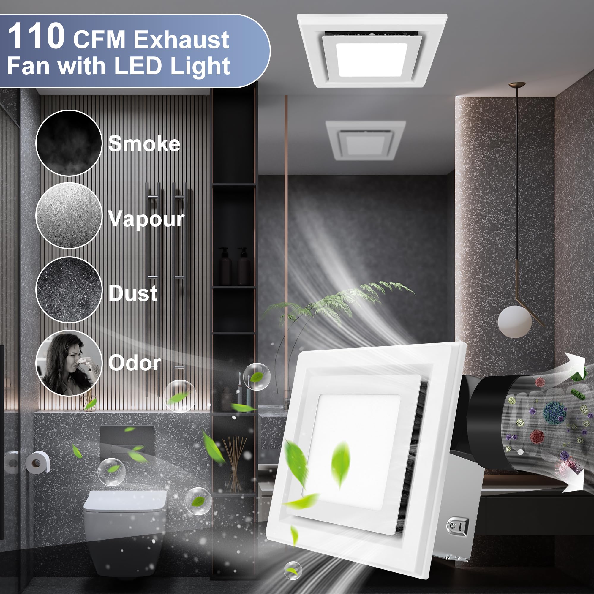 Gaciban Bathroom Exhaust Fan With Light, Bathroom Fan With 1200Lm Led Light 3Cct Selectable, Quiet 1.0 Sone, 110 Cfm Bath Ventil
