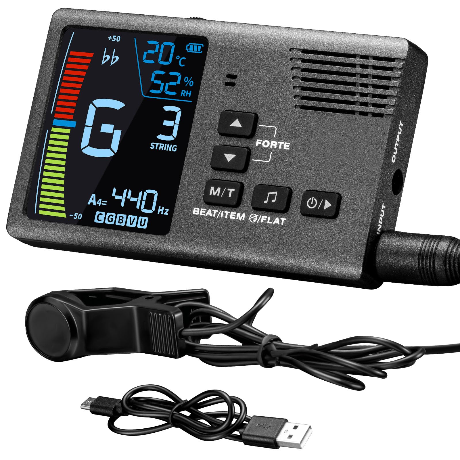 Pogolab Metronome Tuner, 5 In 1 Rechargeable Digital Metronome Tuner Tone Generator Temperature Humidity With Clip Pickup For Gu