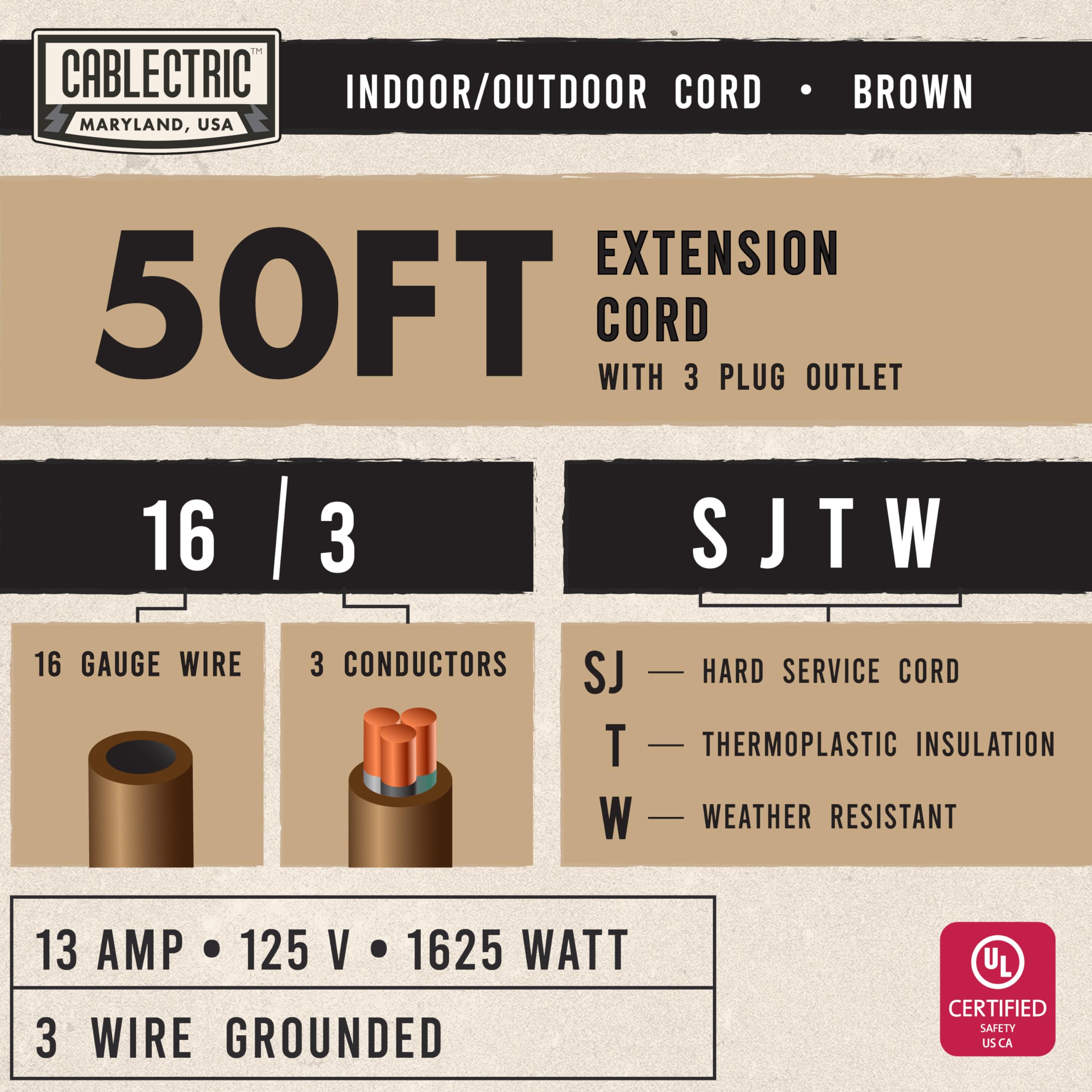 Cablectric 3 Outlet Brown Outdoor Extension Cord 50 Ft, Sjtw Heavy Duty 16 Gauge Extension Cord Multiple Outlets 3 Prong, 13 Amp