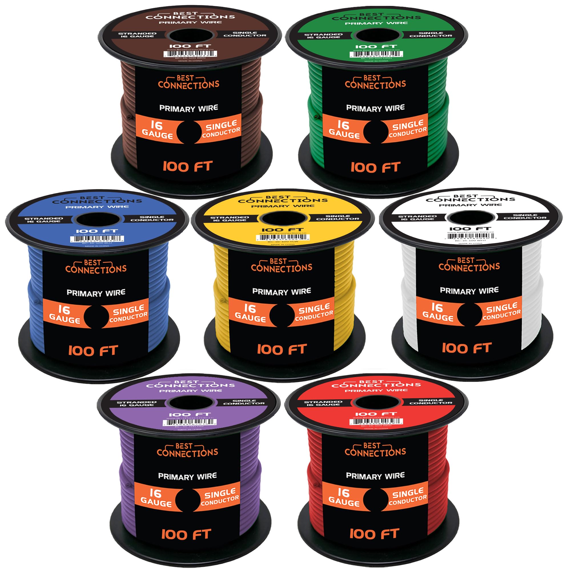 Best Connections 16 Gauge Automotive Primary Wire (Various Color/Size Options) Durable Primary/Remote Power/Ground Electrical Wiring For Automotive Speaker Lighting Circuits (100 Feet, 7 Rolls)