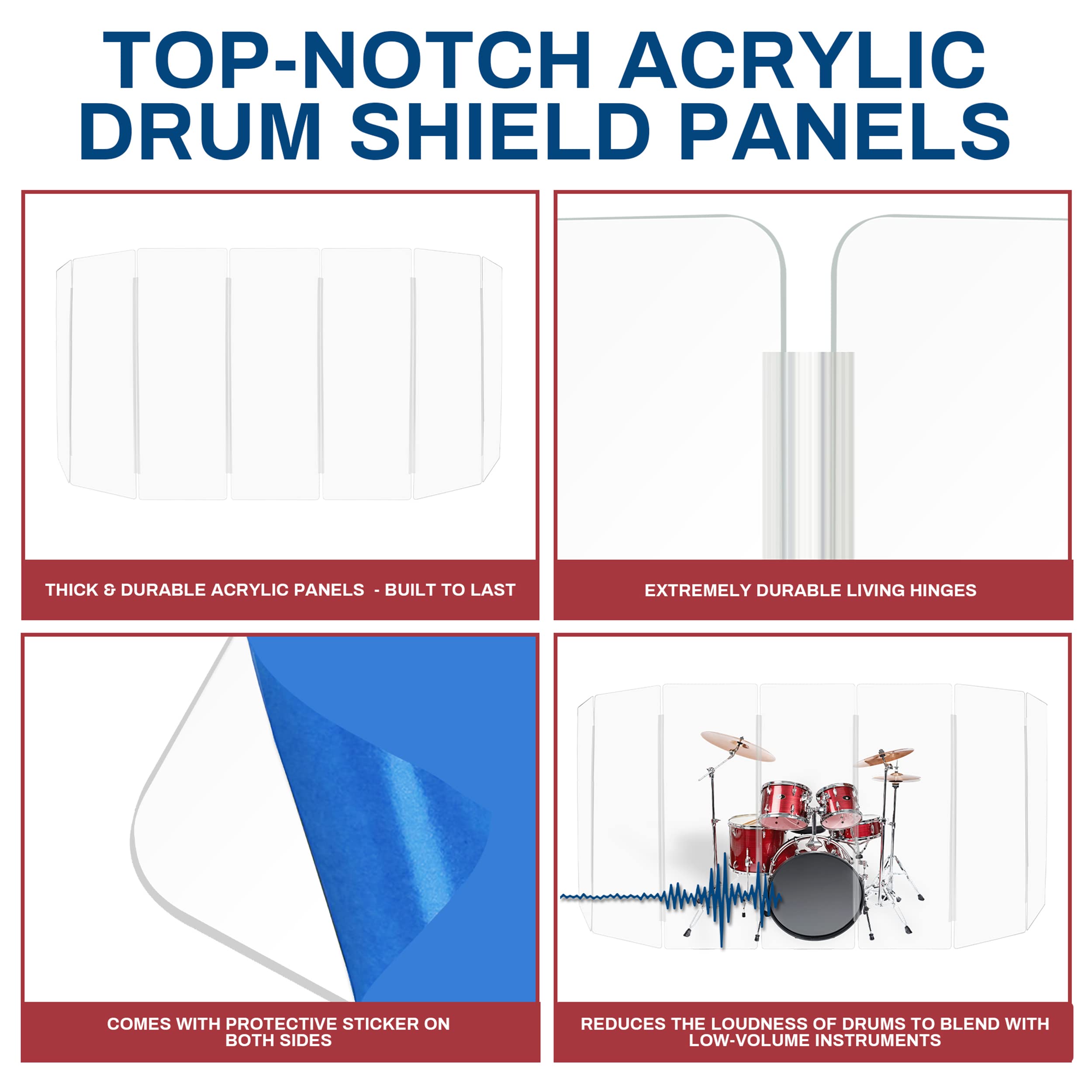 Pennzoni Drum Shield 6Ft W/Plastic Hinges, Comes W/ 7 Drum Panels, & Plastic Hinges, Premium Clear Acrylic Panels, Drum Screen
