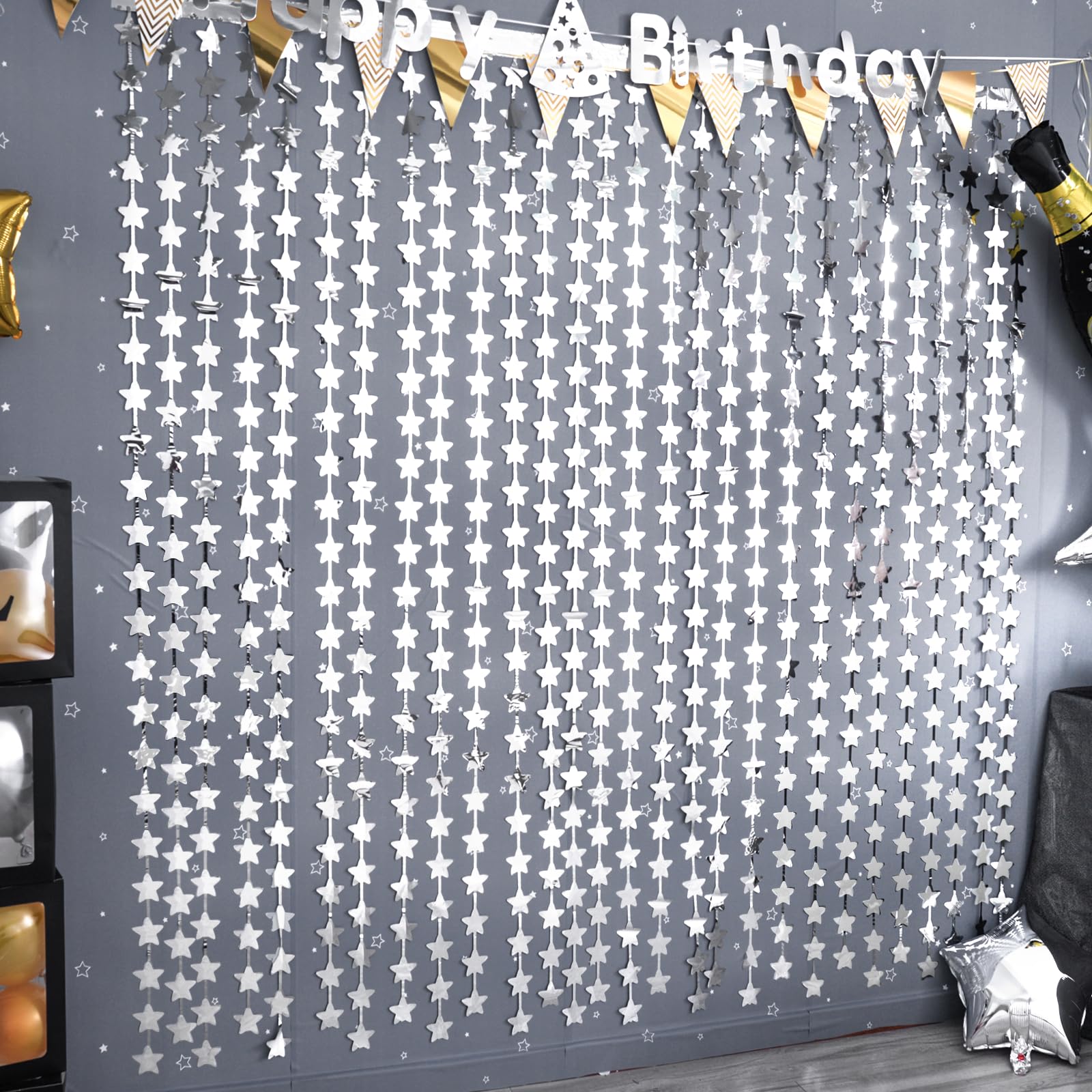 Lolstar 2 Pack Glitter Silver Stars Birthday Decorations 3.3X6.6 Ft Each Silver Star Backdrop Foil Fringe Curtains,Perfect For T