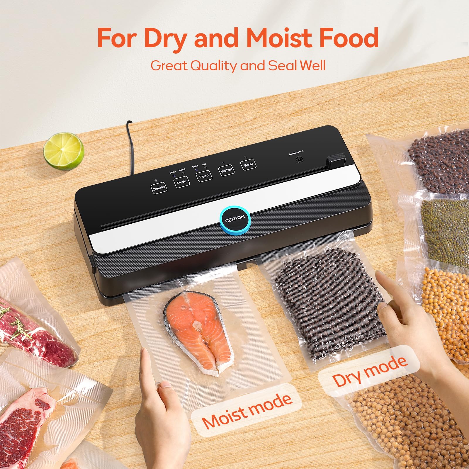 Geryon Vacuum Sealer, Automatic Food Sealer Machine For Food Vacuum Packaging W/Built In Cutter|Starter Kit|Led Indicator Lights