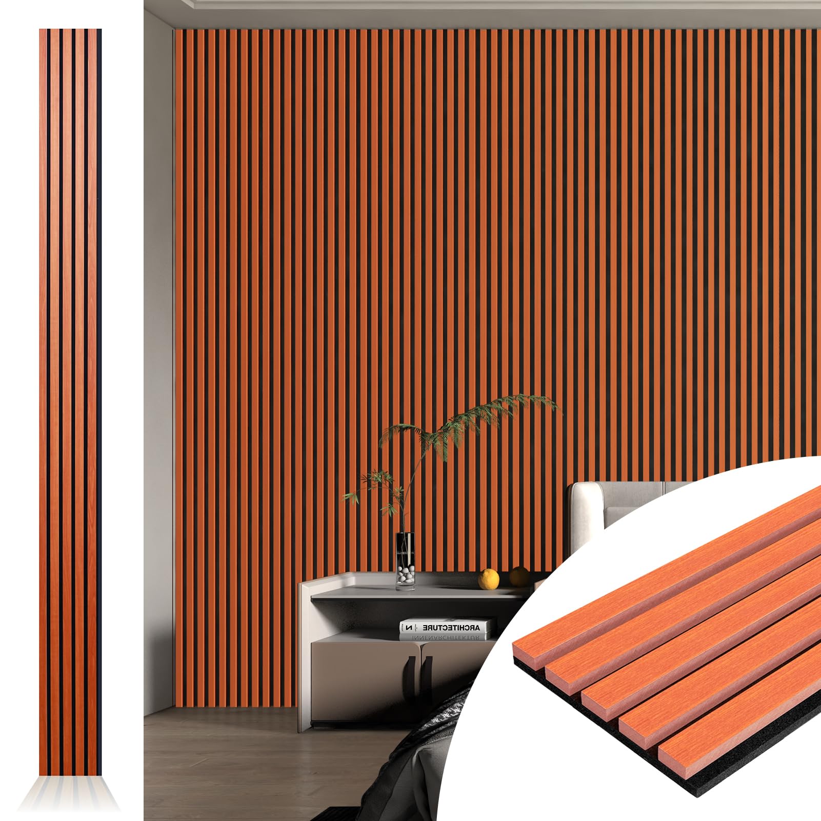 Art3D 4Pcs 107 X 8In Slat Acoustic Panel For Wall And Ceiling, 3D Fluted Sound Absorbing Panel With Wood Finish, Cherry