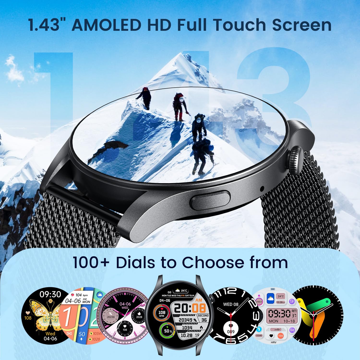 Smartwatch For Men Fitness Watch: 1.43'' Amoled Touchscreen Smart Watch Answer/Make Call With Heart Rate Blood Pressure Sleep Mo