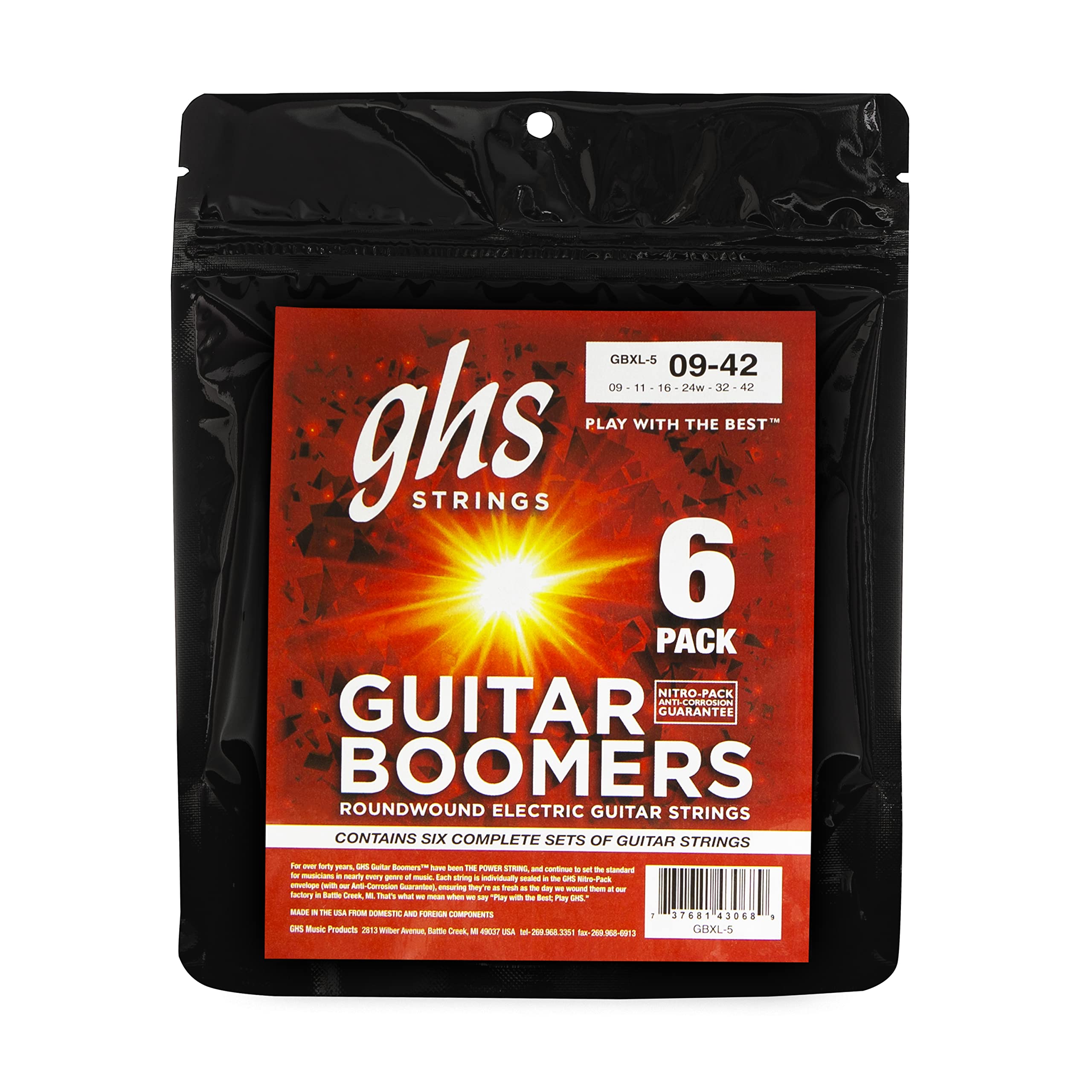 Ghs Strings Gbxl 5 Guitar Boomers, Nickel Plated Electric Guitar Strings, Extra Light (9 42), Pack Of 6