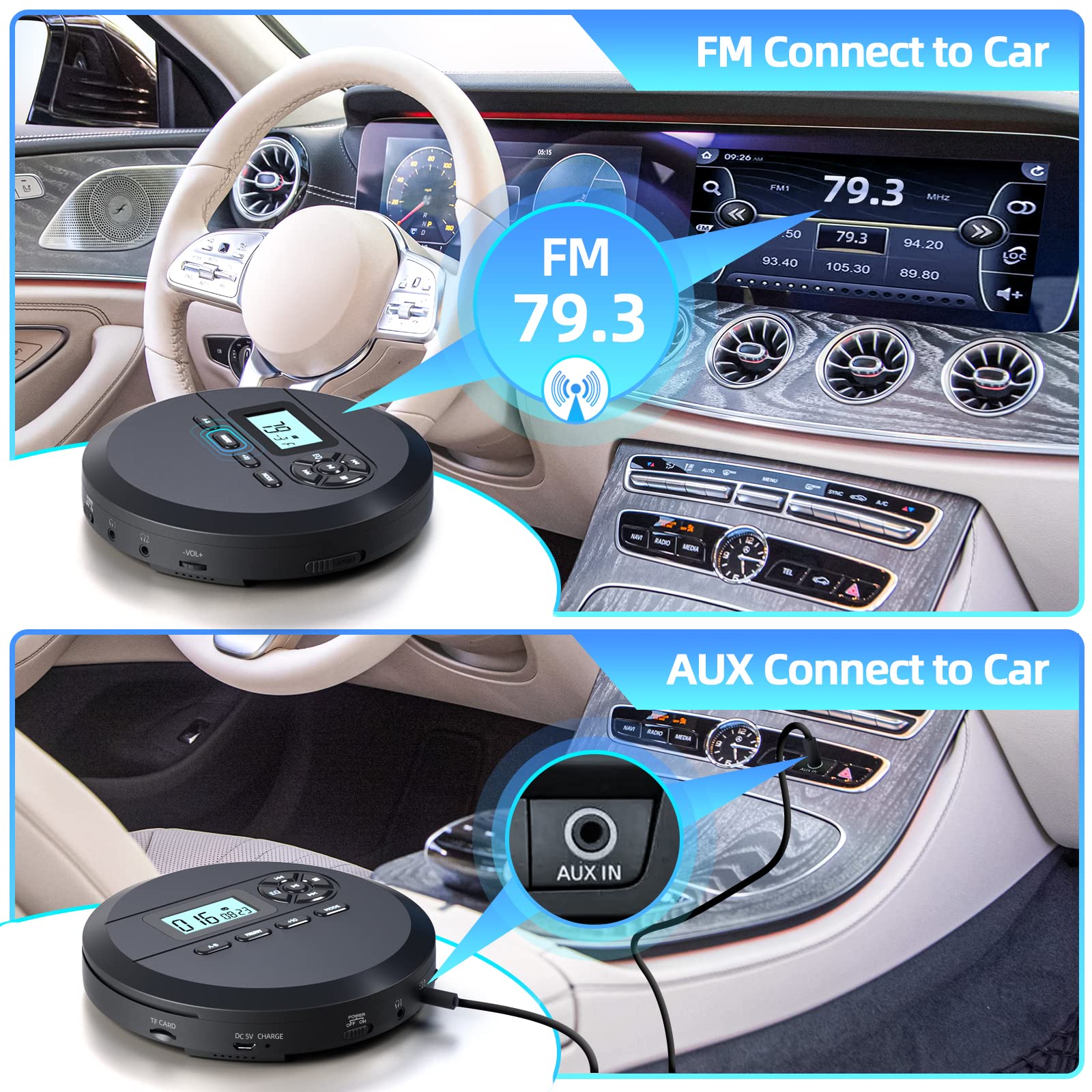 Cd Player Portable, Desobry Portable Cd Player With Speakers & Fm Transmitter, Compact Cd Player For Car Built In 2000Mah Rechar