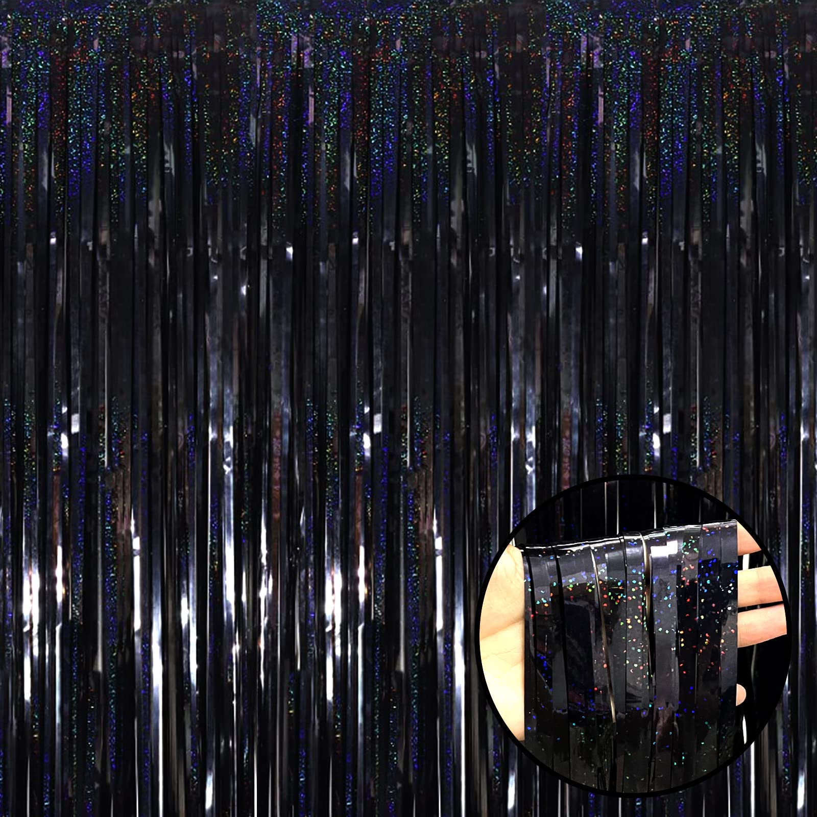 4 Pack Black Tinsel Foil Fringe Curtain Backdrop, 3.28Ft X 8.2Ft Metallic Streamers For Photo Booth Props Wedding Bridal Shower