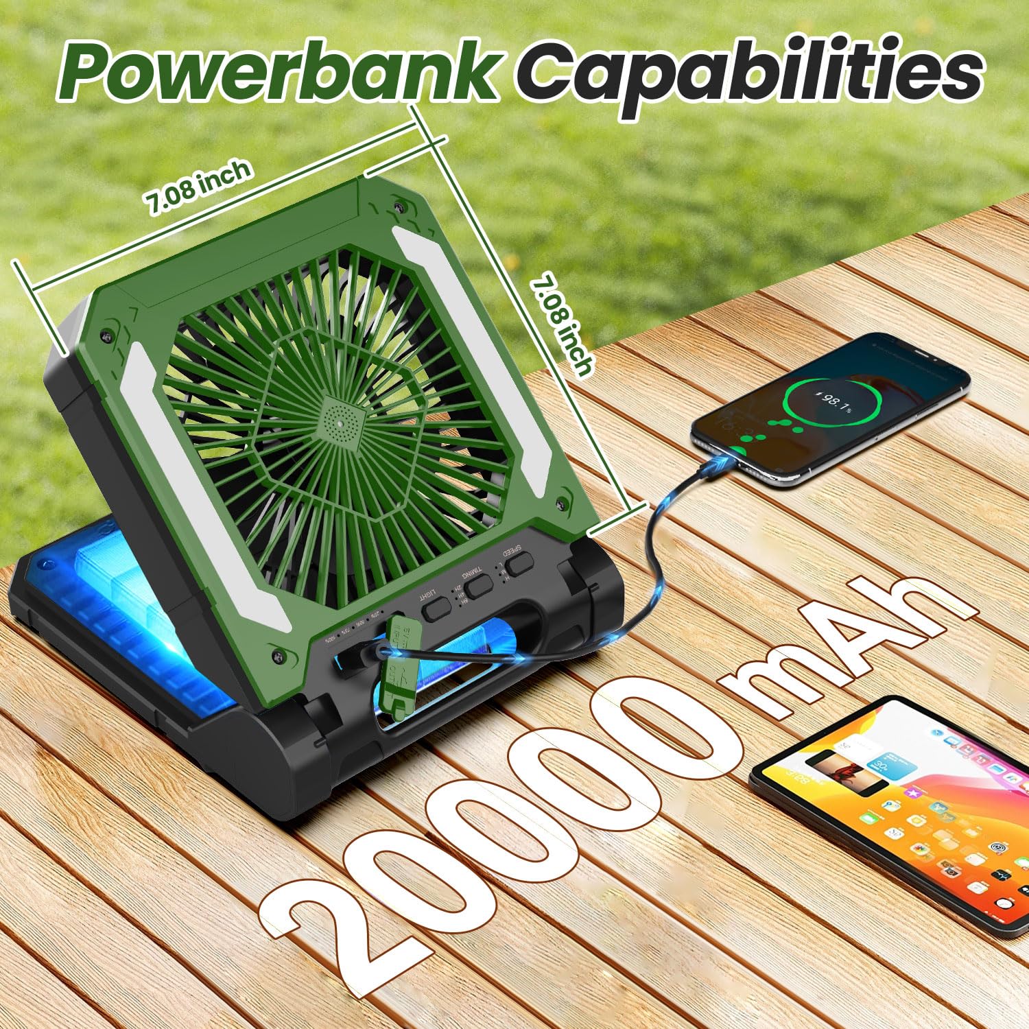 20000Mah Rechargeable Solar Camping Fan With Led Lantern, 3 Speeds Cordless Battery Powered Portable Fan With Powerbank,Timer &