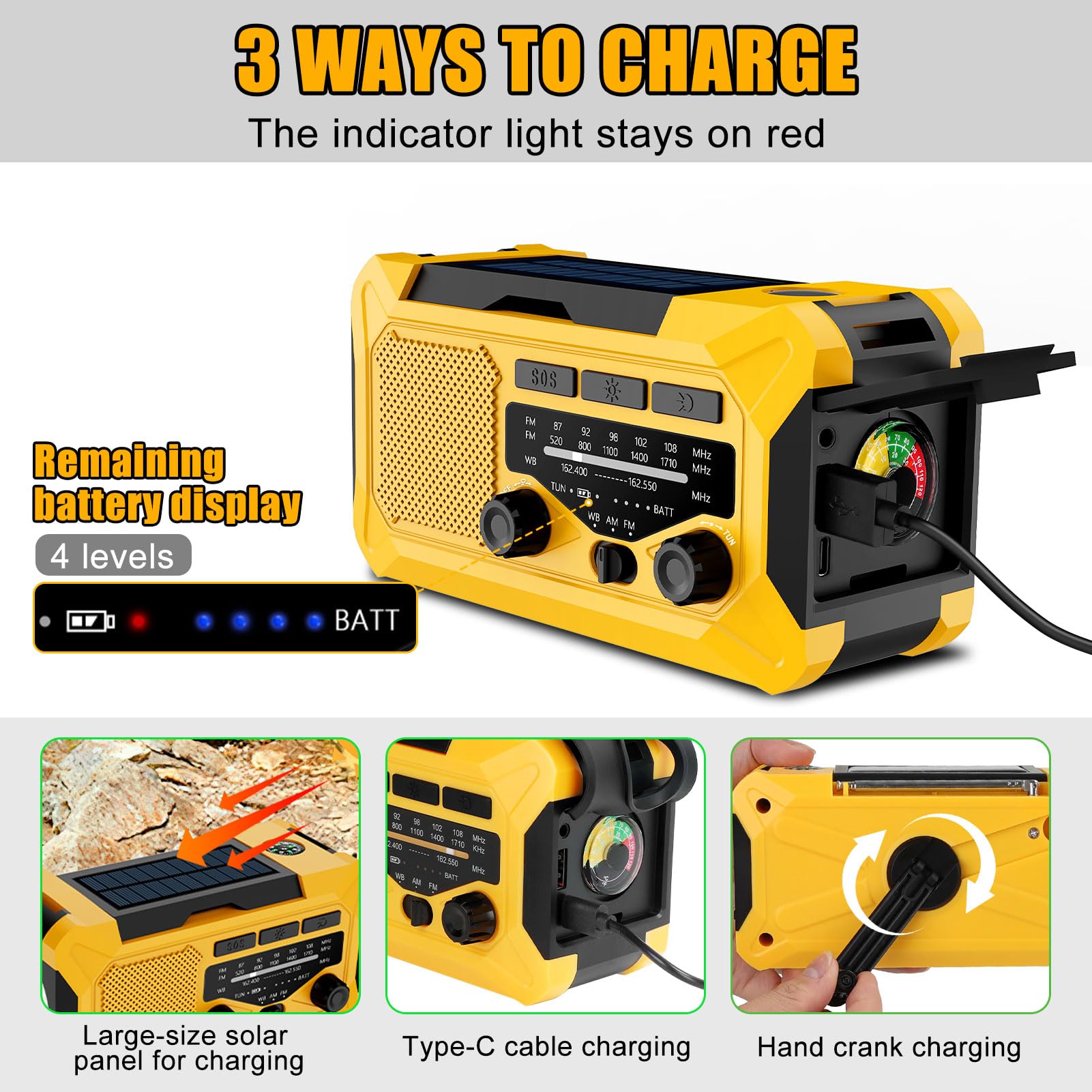 10000Mah Emergency Hand Crank Radio With Led Flashlight, Am/Fm Noaa Portable Weather Alert Radio, Solar Powered Radio With Phone