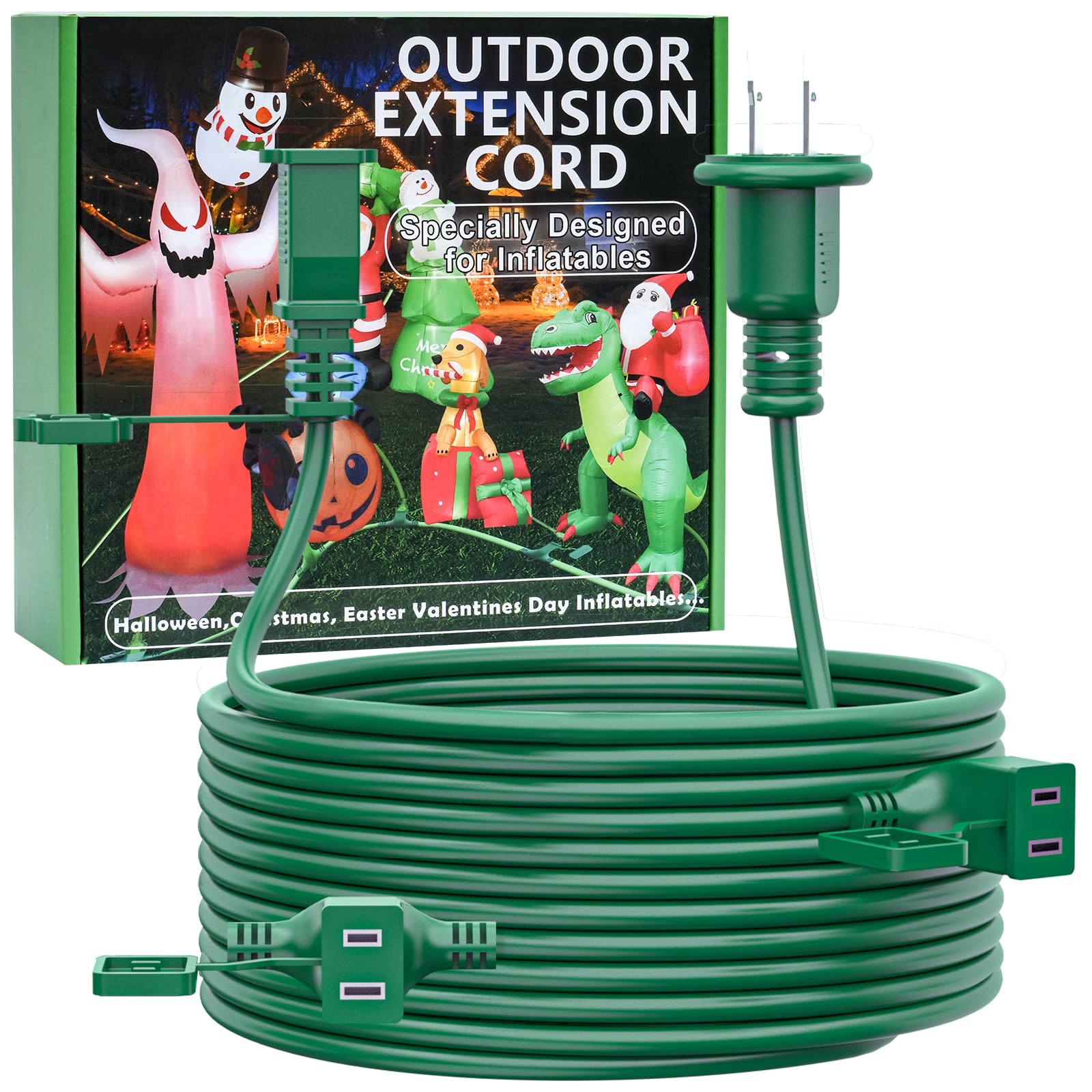 25Ft Outdoor Extension Extension Cord For Halloween Christmas Inflatables With Multiple Outlets Green Electrical Cord With Multi